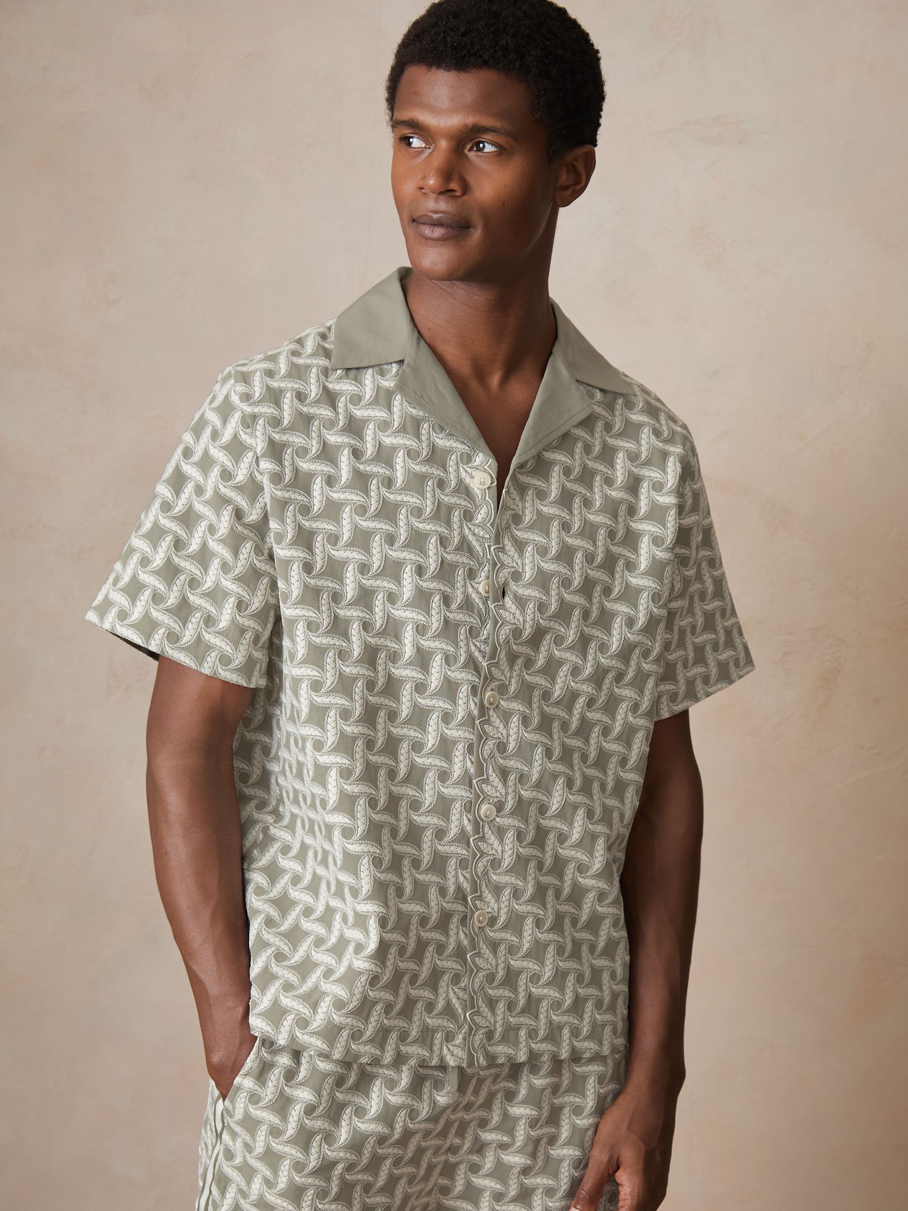 Reiss | Ché Motif-Embroidered Shirt in Sage/White
