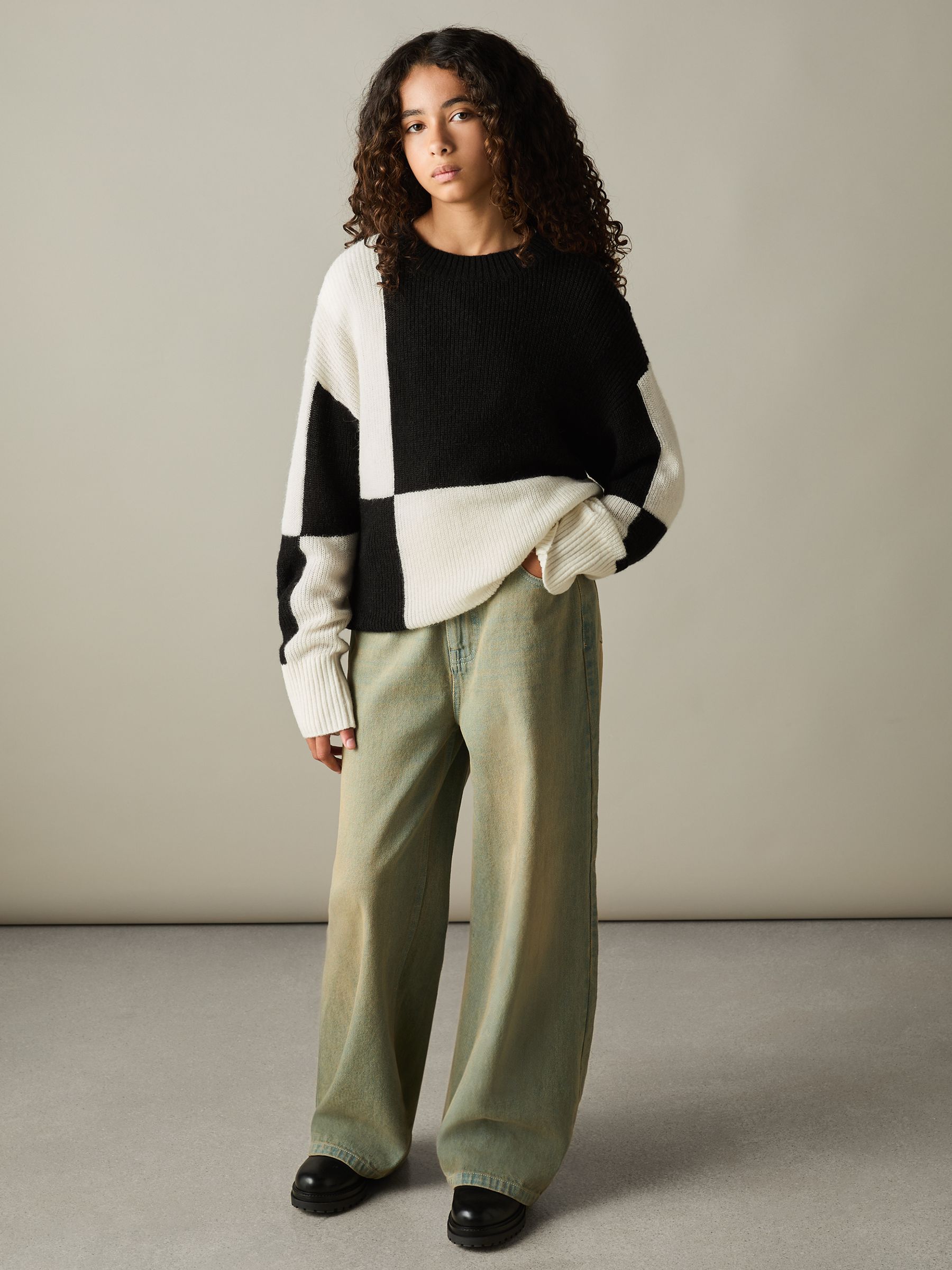 13-14 yrs Colourblock-Intarsia Jumper with Wool and Alpaca in Black