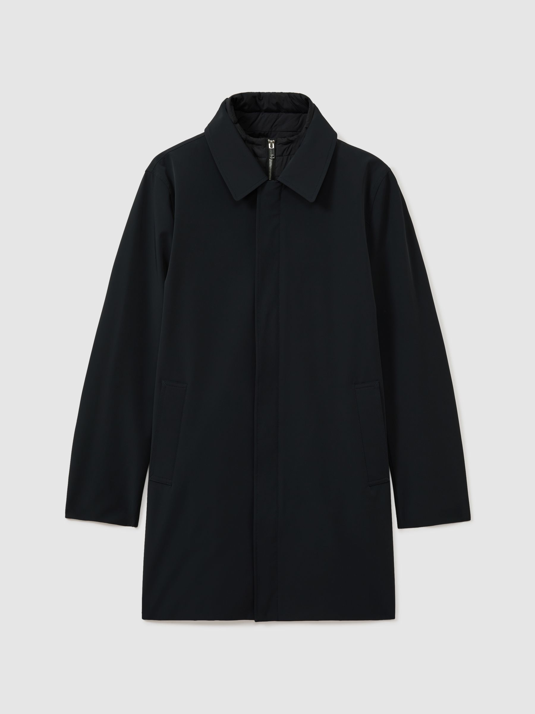 Hybrid Removable Funnel Neck Overcoat in Navy
