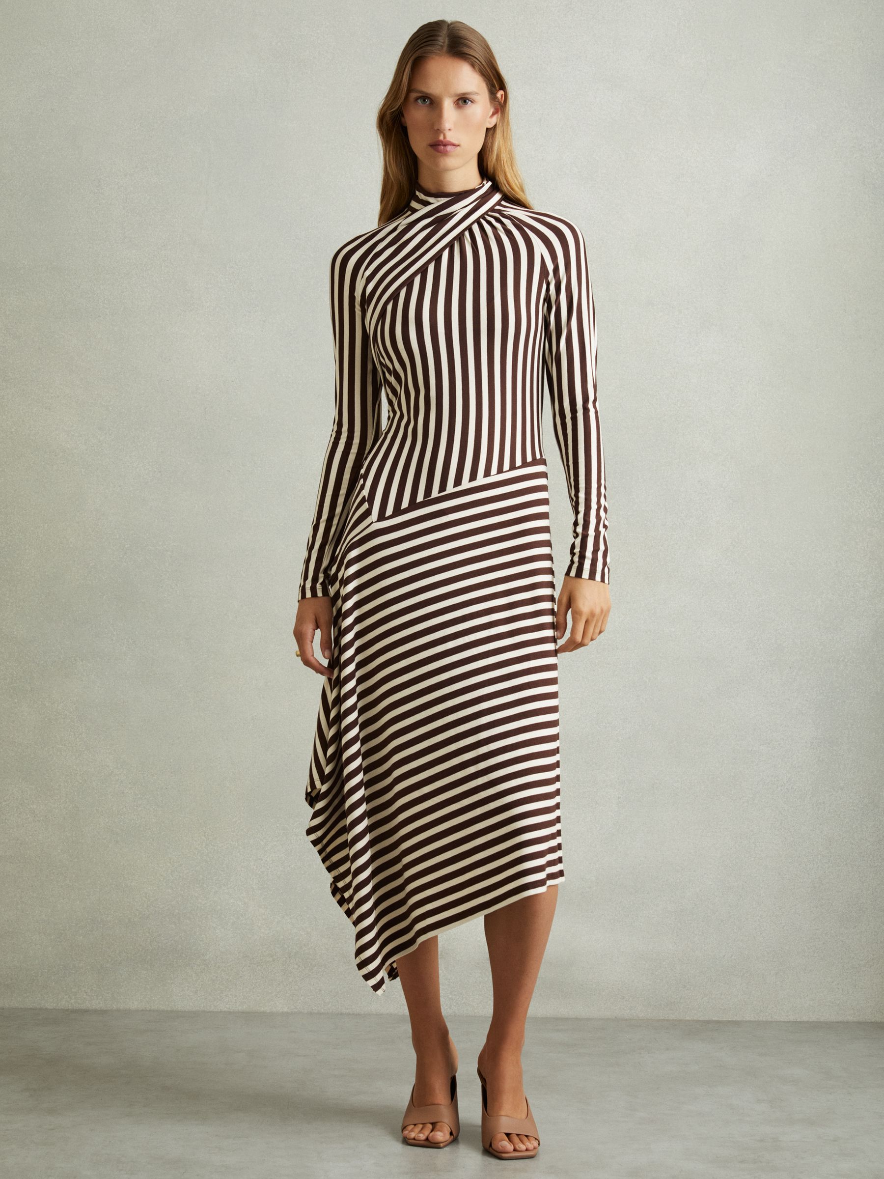Cat Brown/Cream Striped Jersey Asymmetric Midi Dress