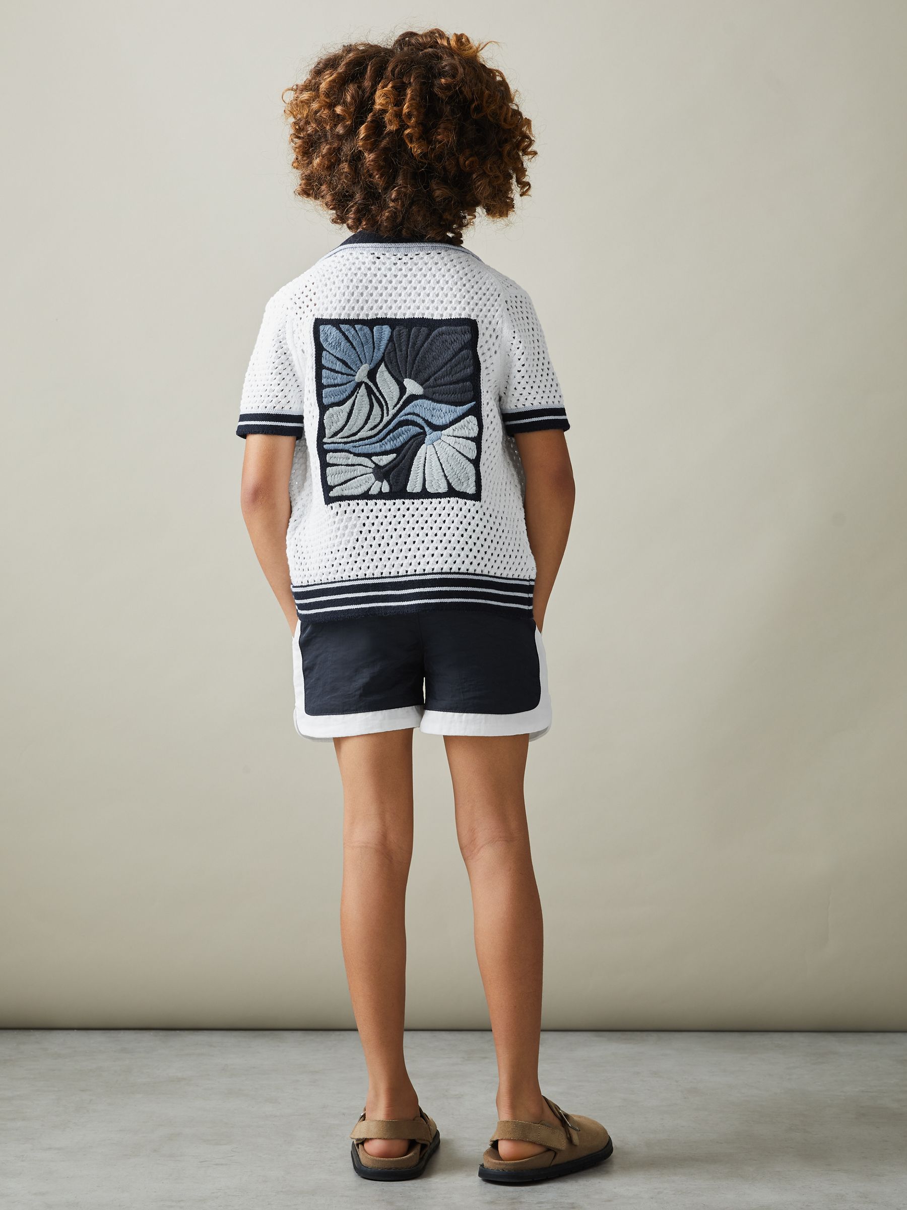 9-13 yrs Open-Stitch Embroidered Cuban Collar Shirt in White/Blue