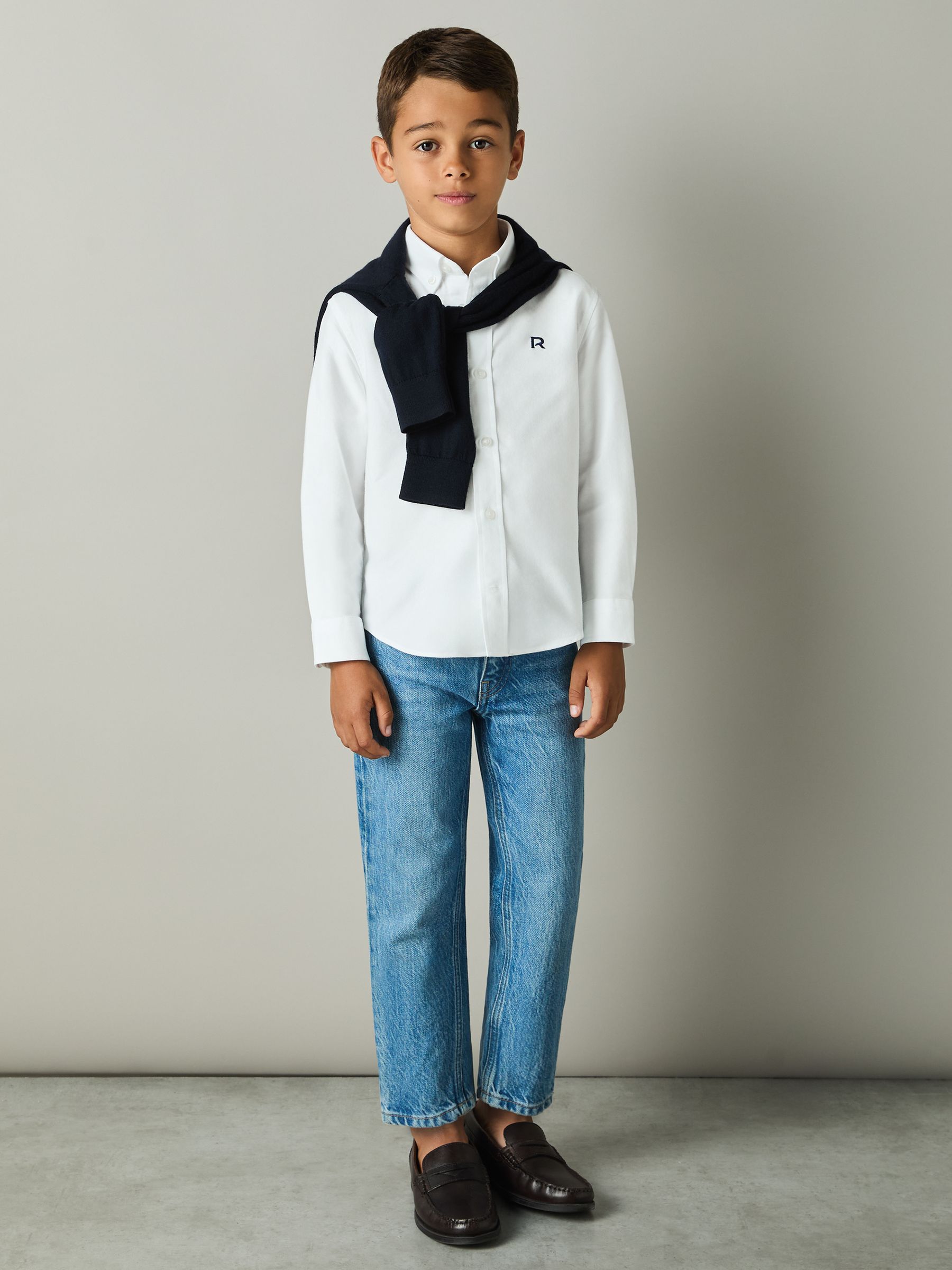 3-9 yrs Cotton-Oxford Embroidered Button-down Shirt in White/Navy