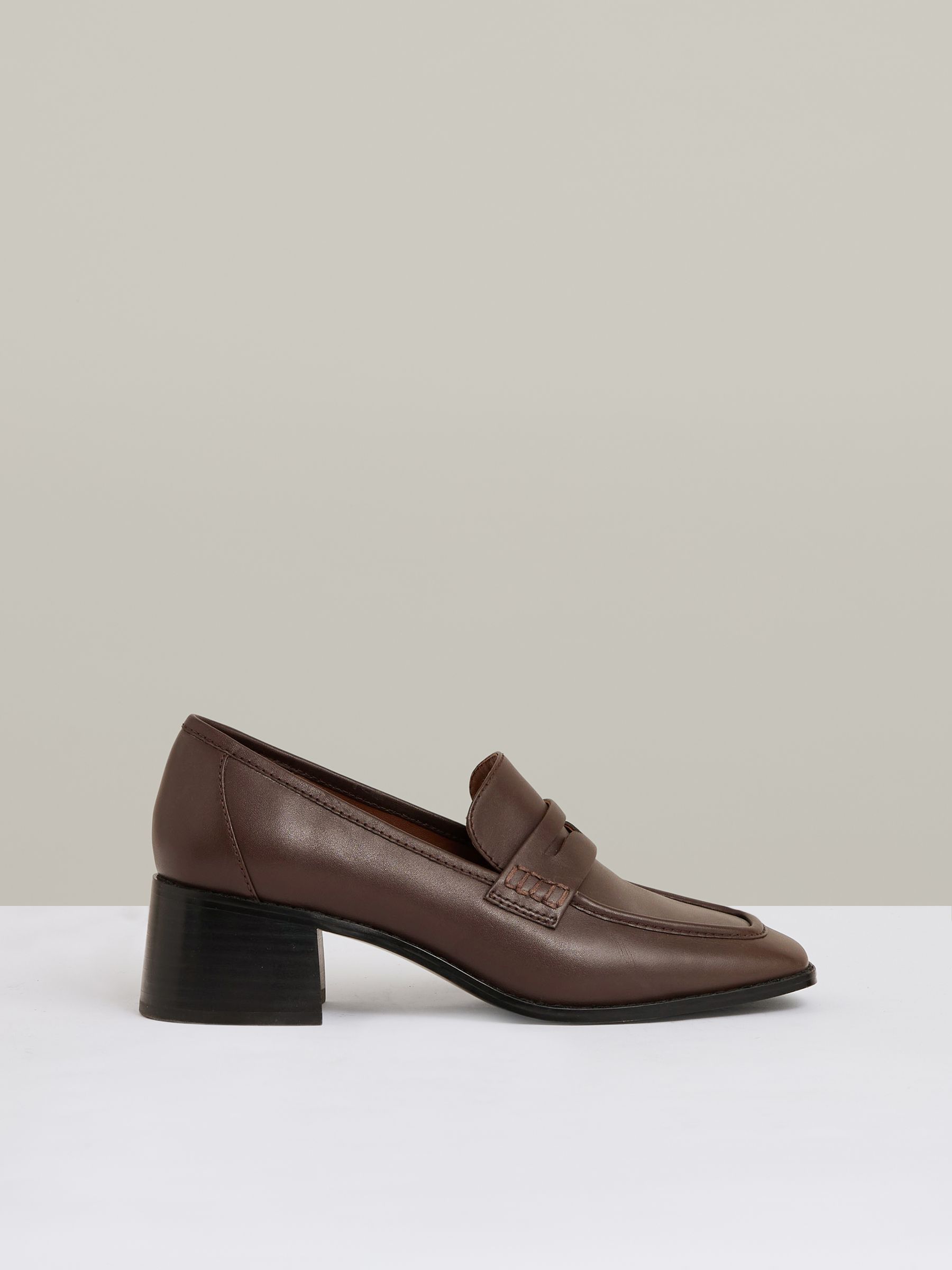 Leather Block-Heel Penny Loafers in Chocolate