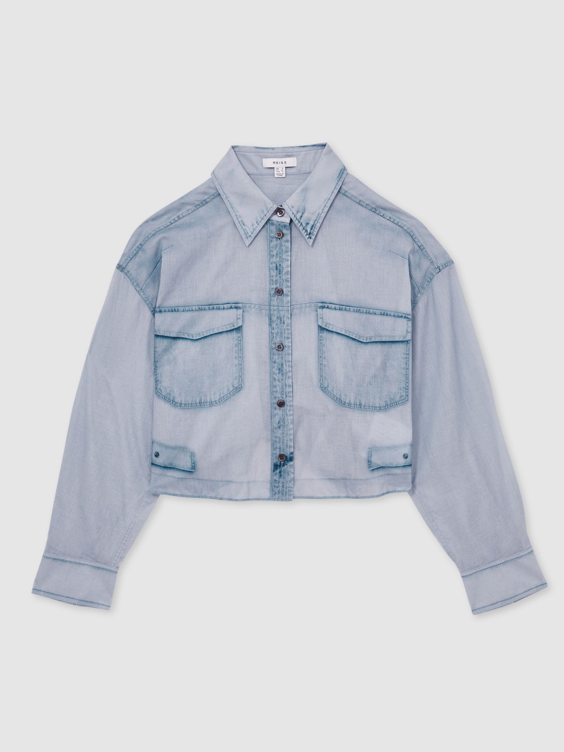 Cotton Denim-Print Cropped Shirt in Blue