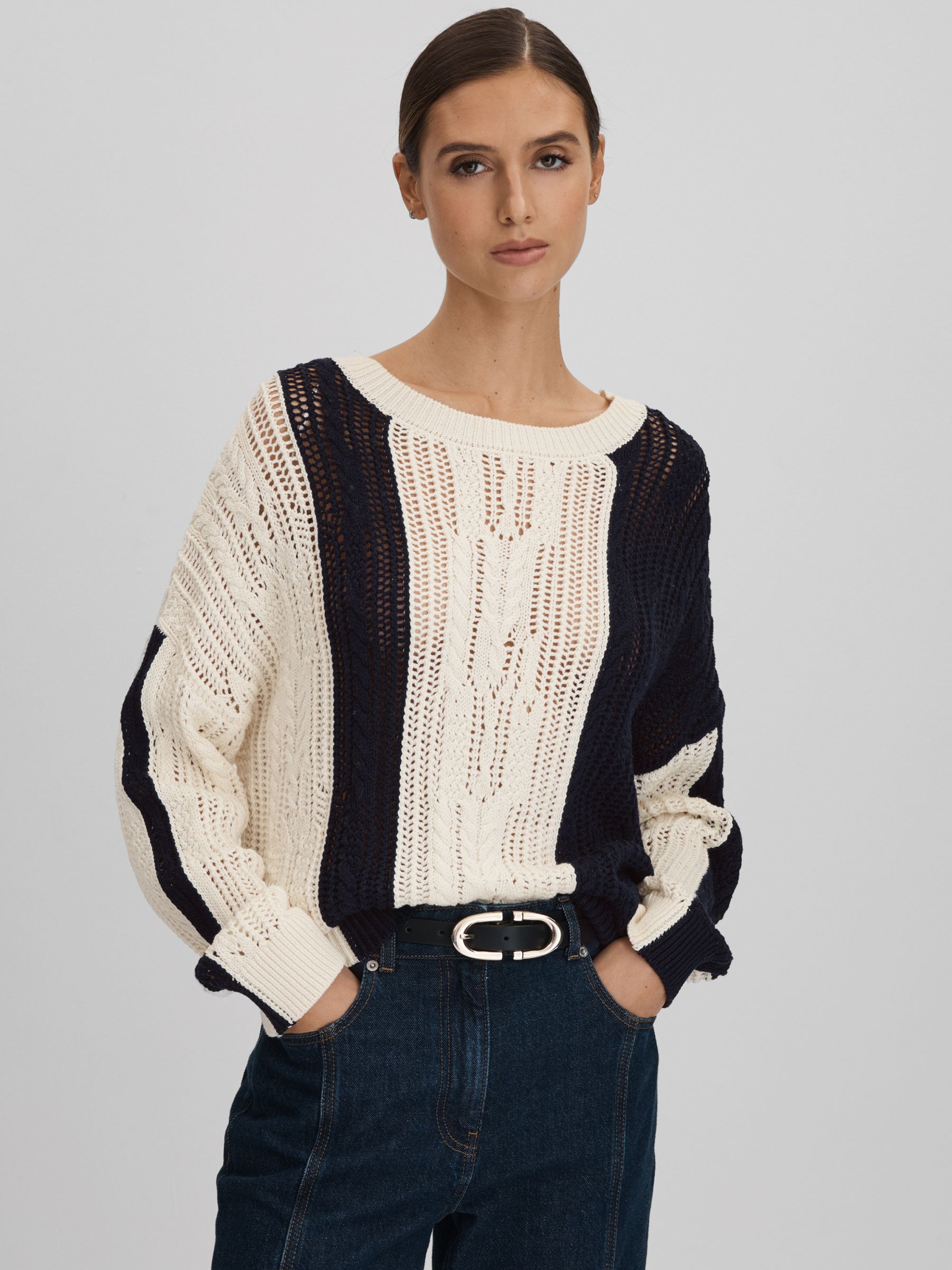 Cotton Blend Open Stitch Crew Neck Jumper in Cream/Navy