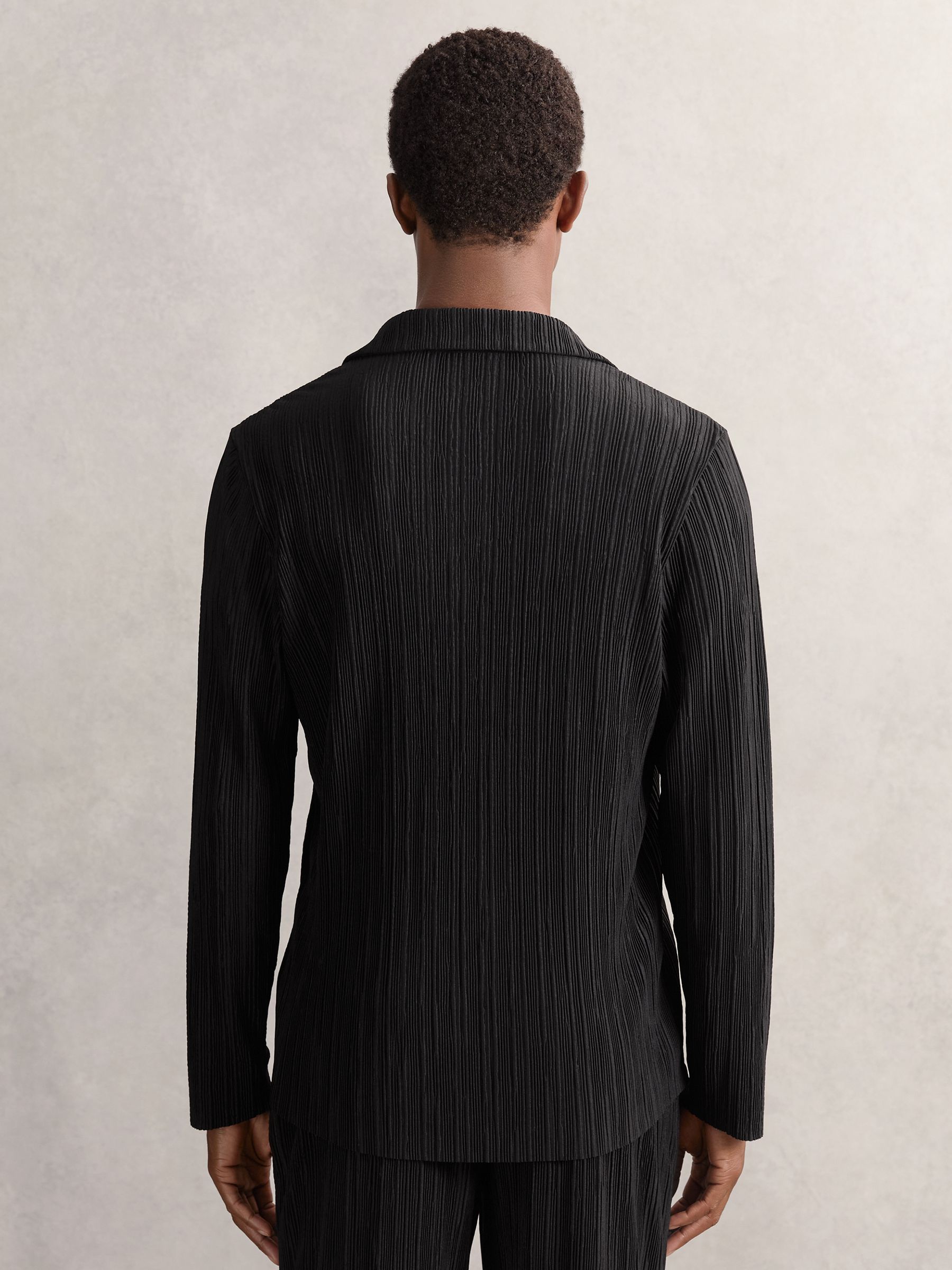 Plissé Cuban-Collar Long-Sleeve Shirt in Black