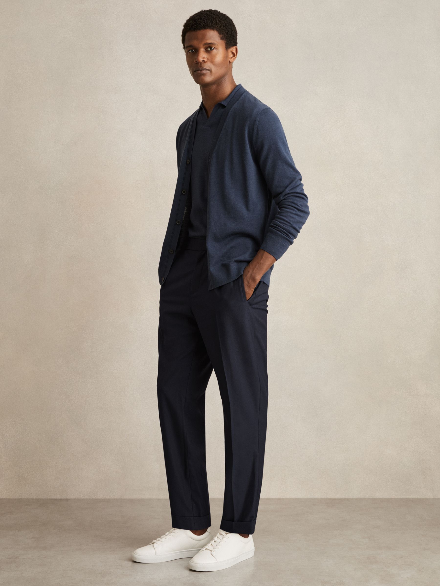 Relaxed Drawstring Trousers with Turn-Ups in Navy