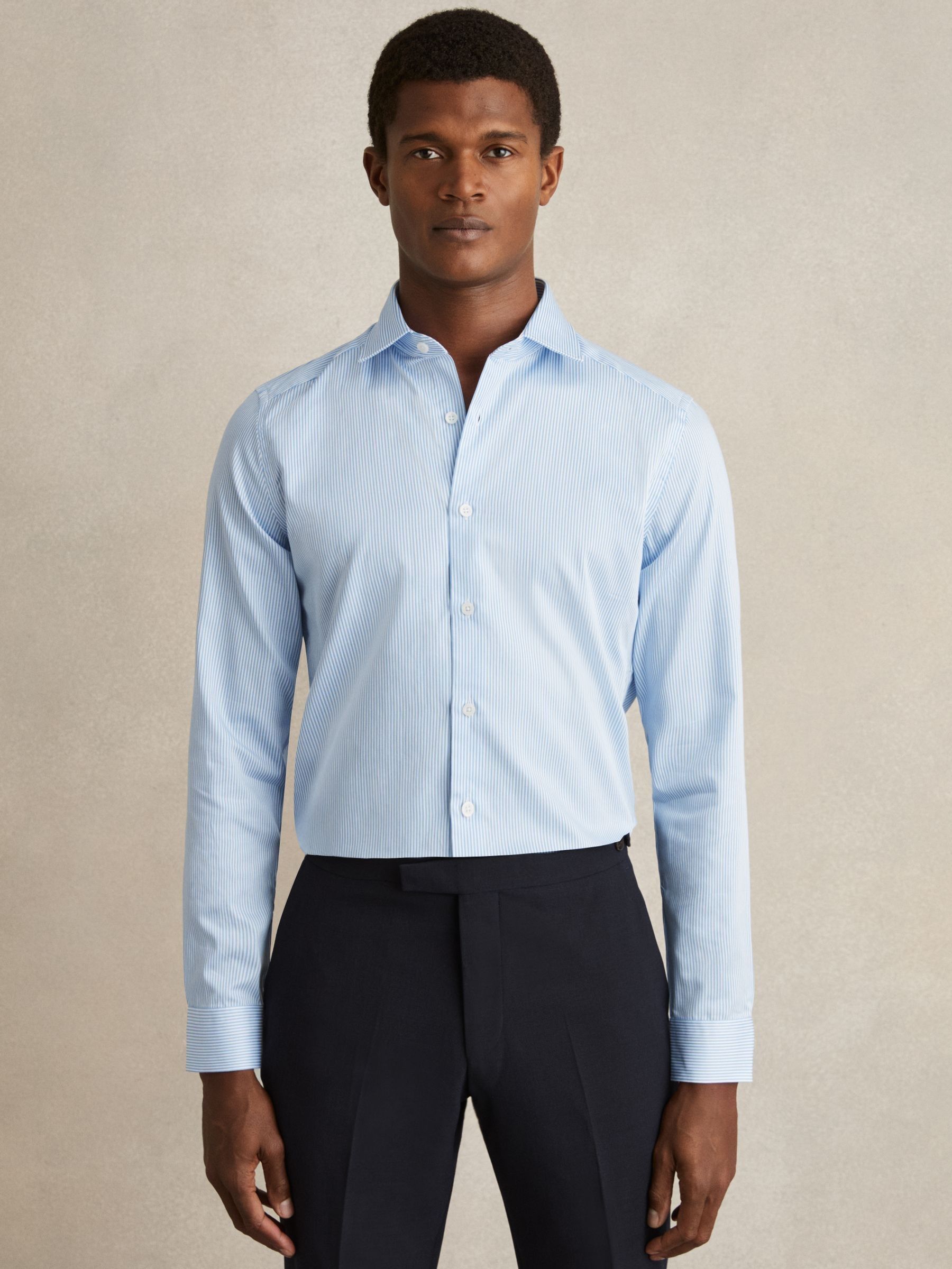 Slim Fit Cotton-Satin Cutaway-Collar Shirt in Blue Stripe