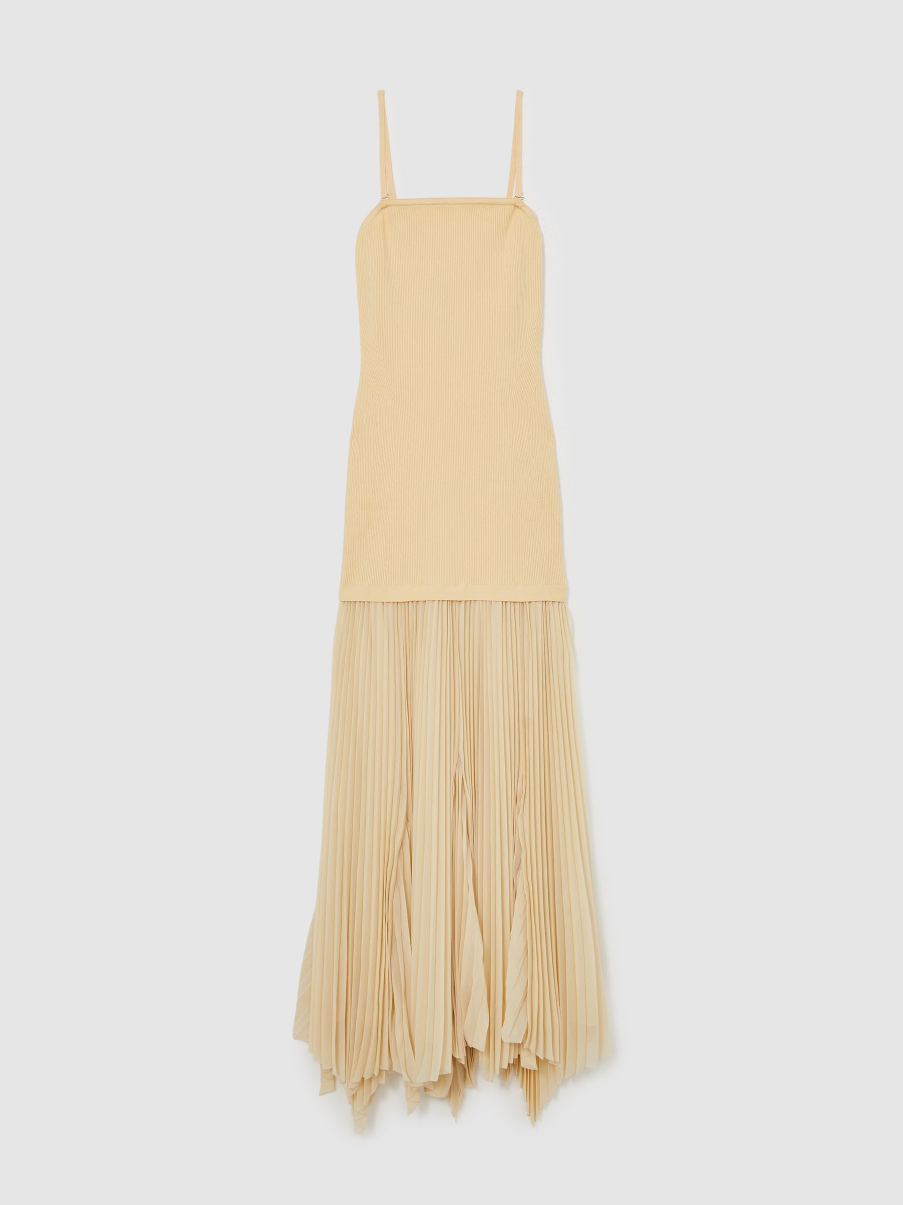 Pleated Skirt Ribbed Midi Dress in Yellow
