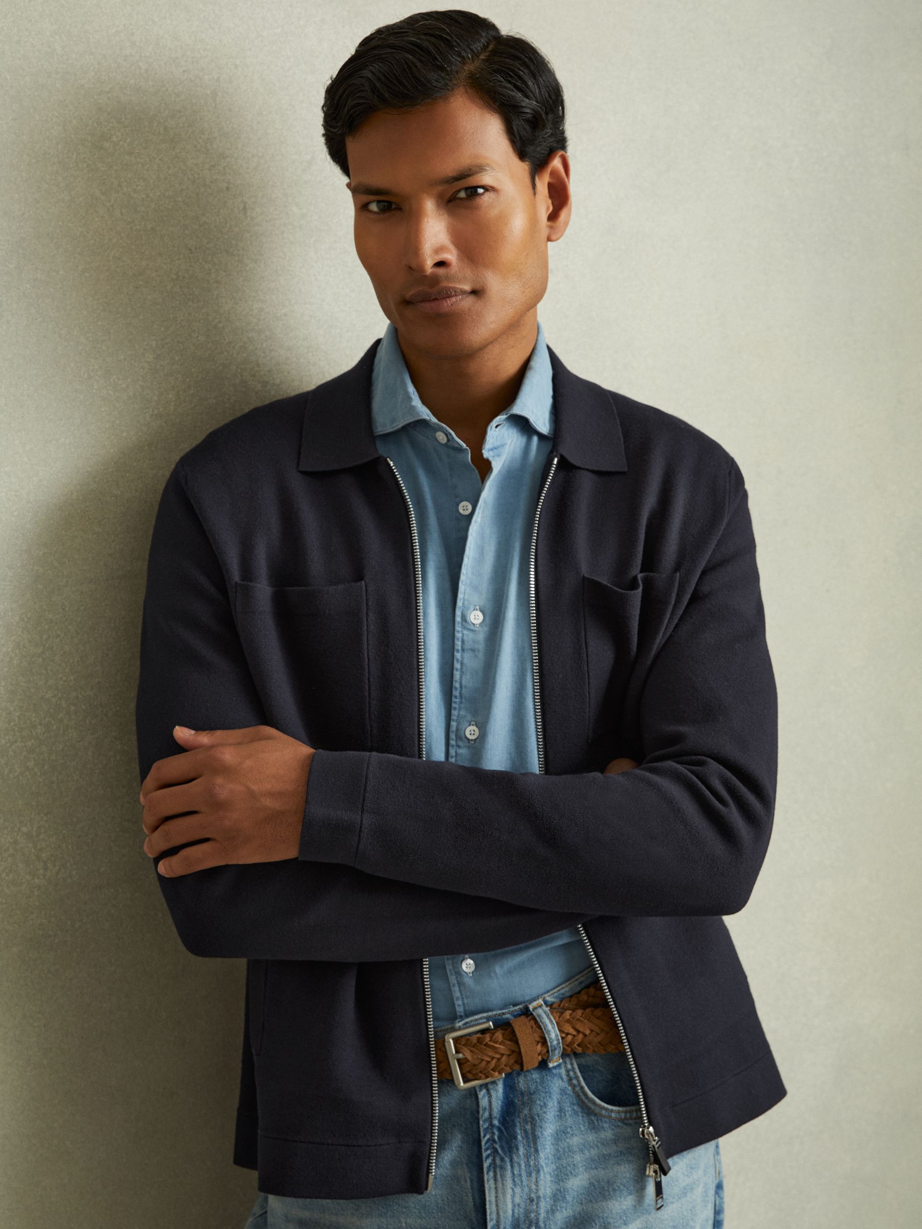 Knitted Zip-Through Jacket in Navy