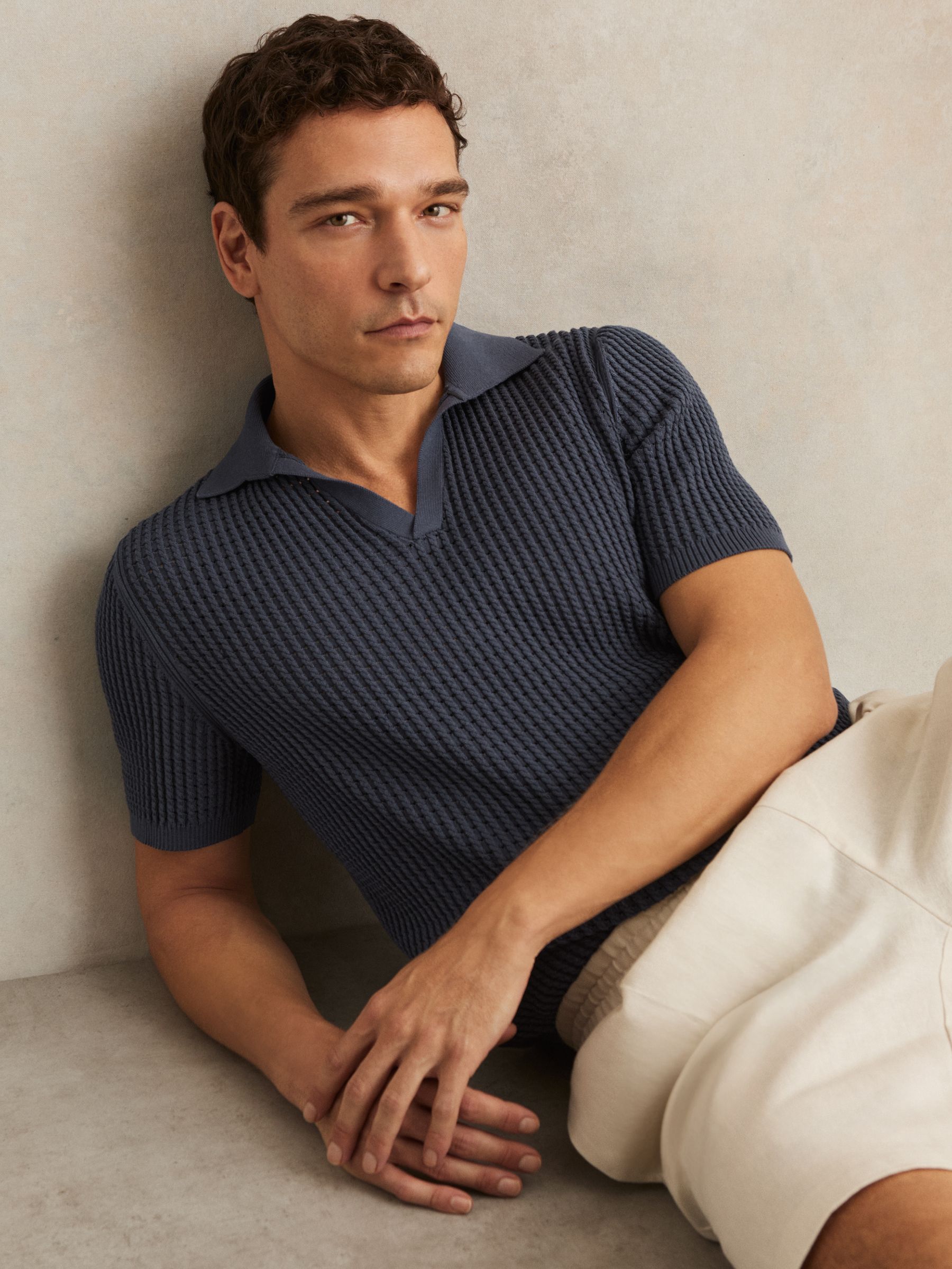 Micro-Cable Open-Collar Cotton-Blend Shirt in Dark Airforce Blue