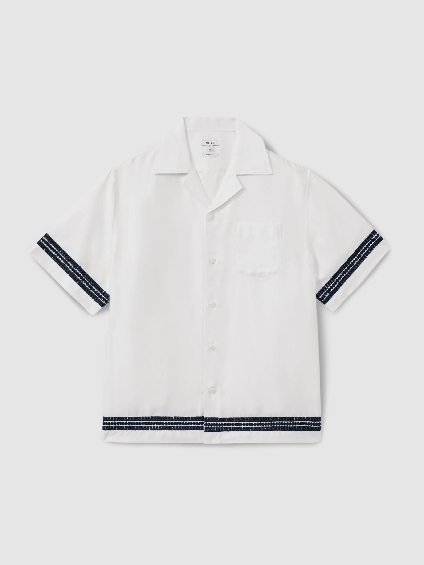 Relaxed Embroidered Trim Cuban Collar Shirt in White/Navy