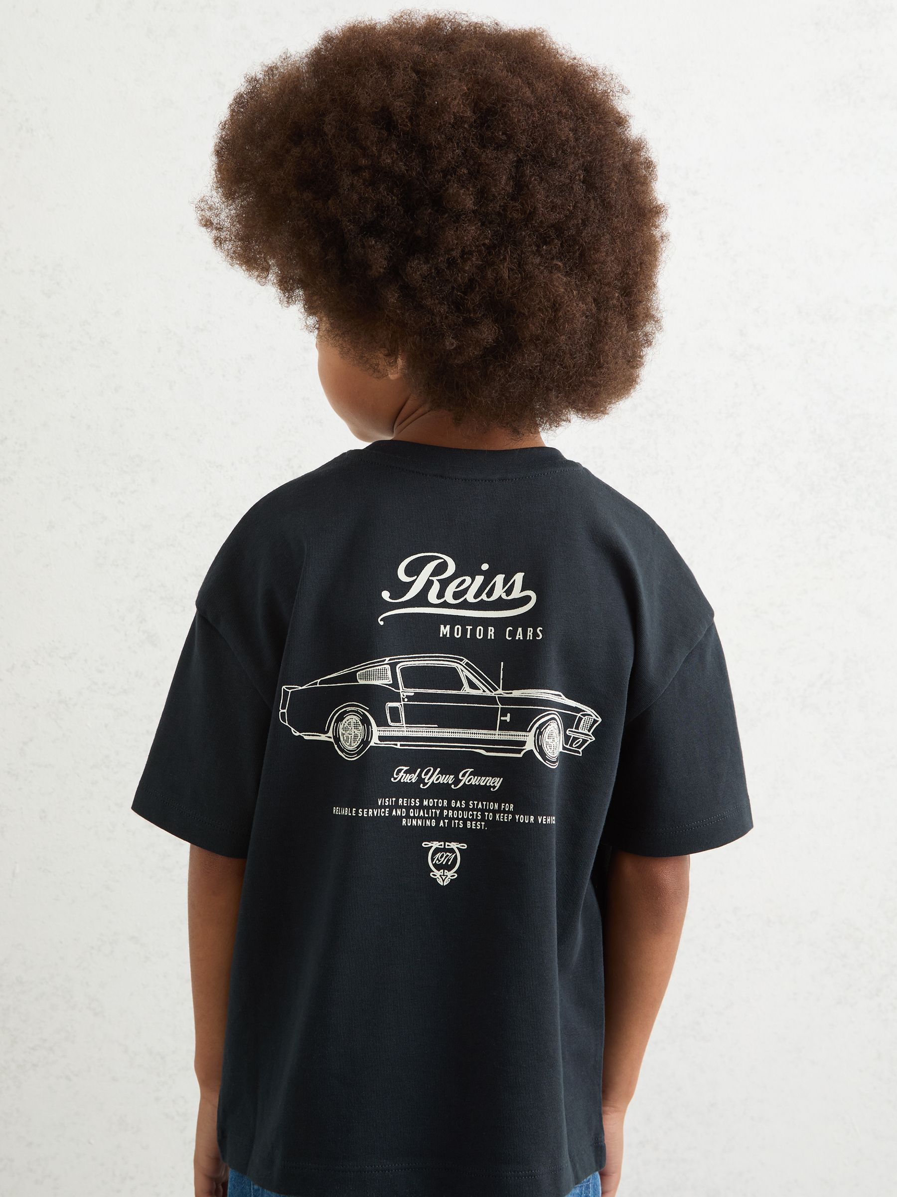 9-13 yrs Cotton Motor Cars-Print T-Shirt in Washed Blue/White