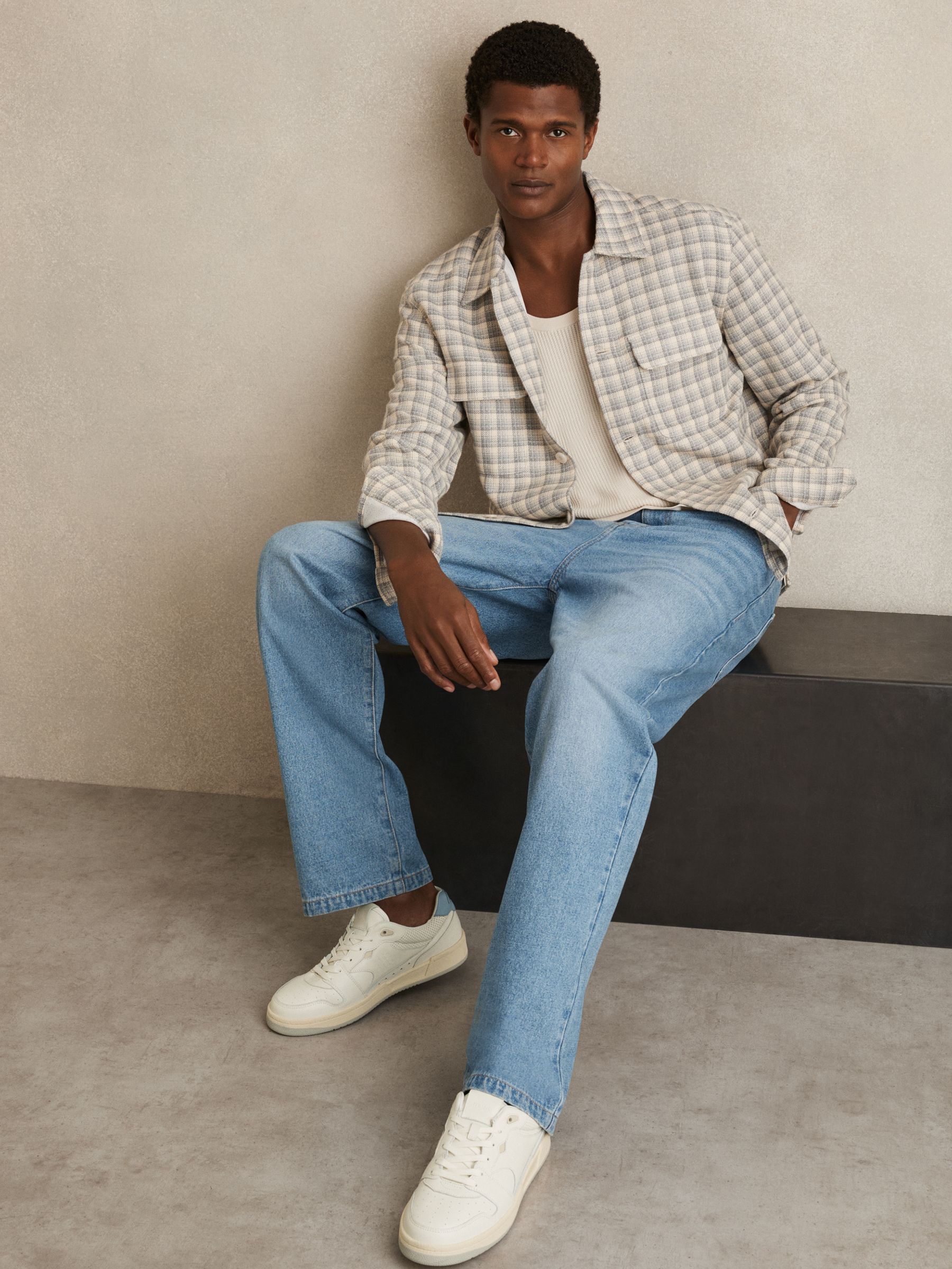 Leather Low Top Trainers in Off White/Soft Blue