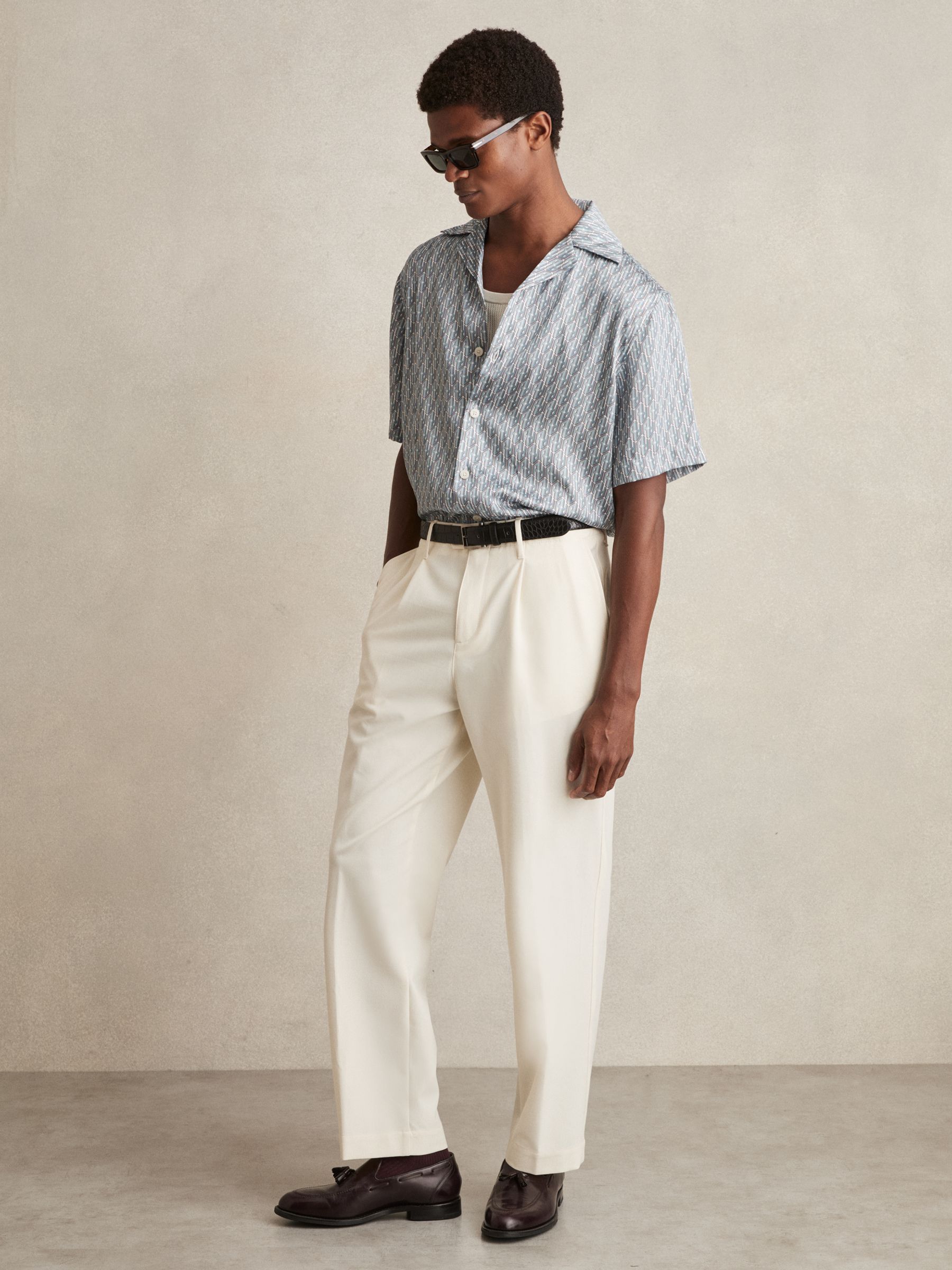 Monogram-Print Cuban-Collar Shirt in Blue