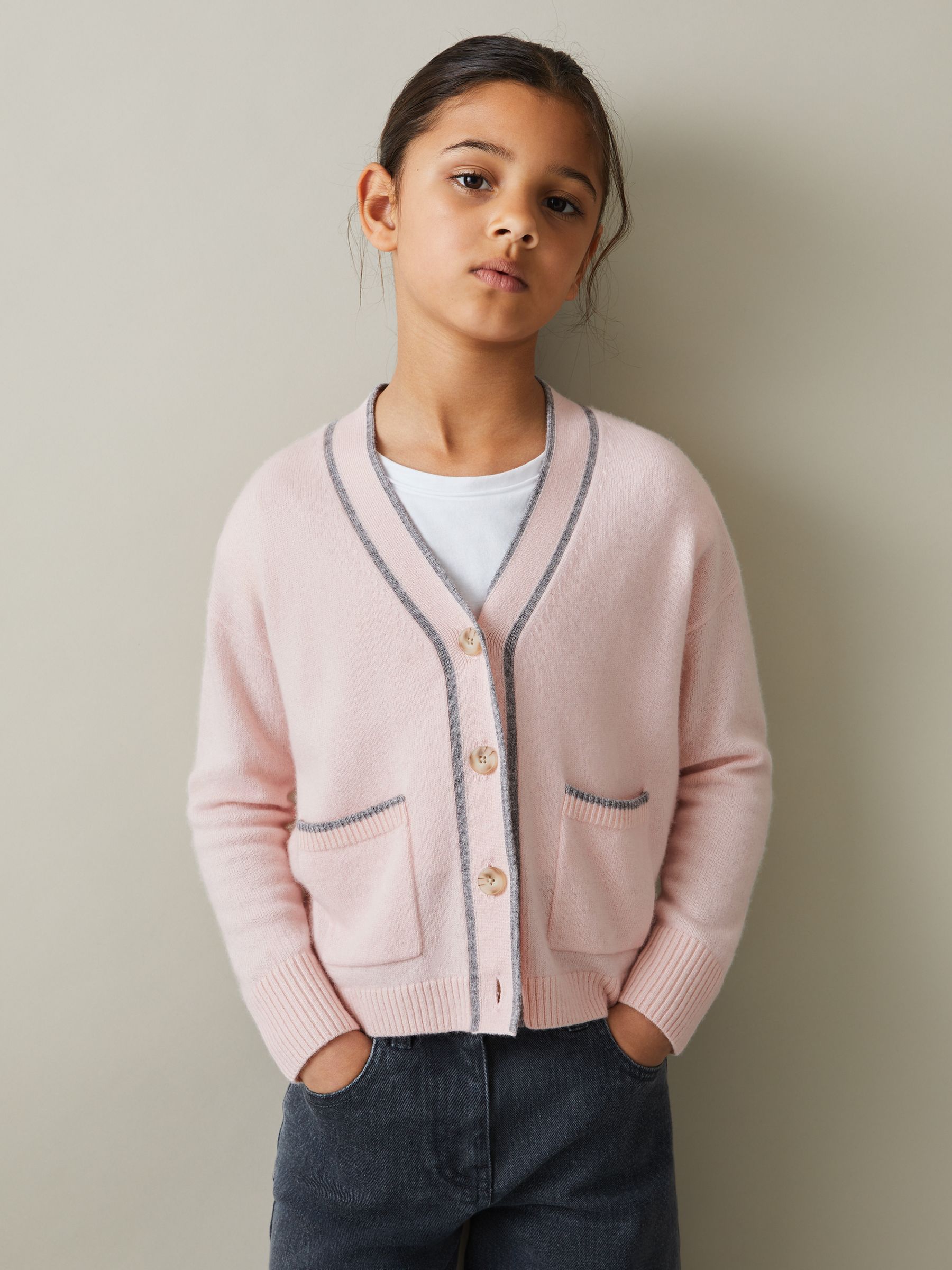 9-13 yrs Wool-Blend Stripe-Detail Cardigan With Cashmere in Pink