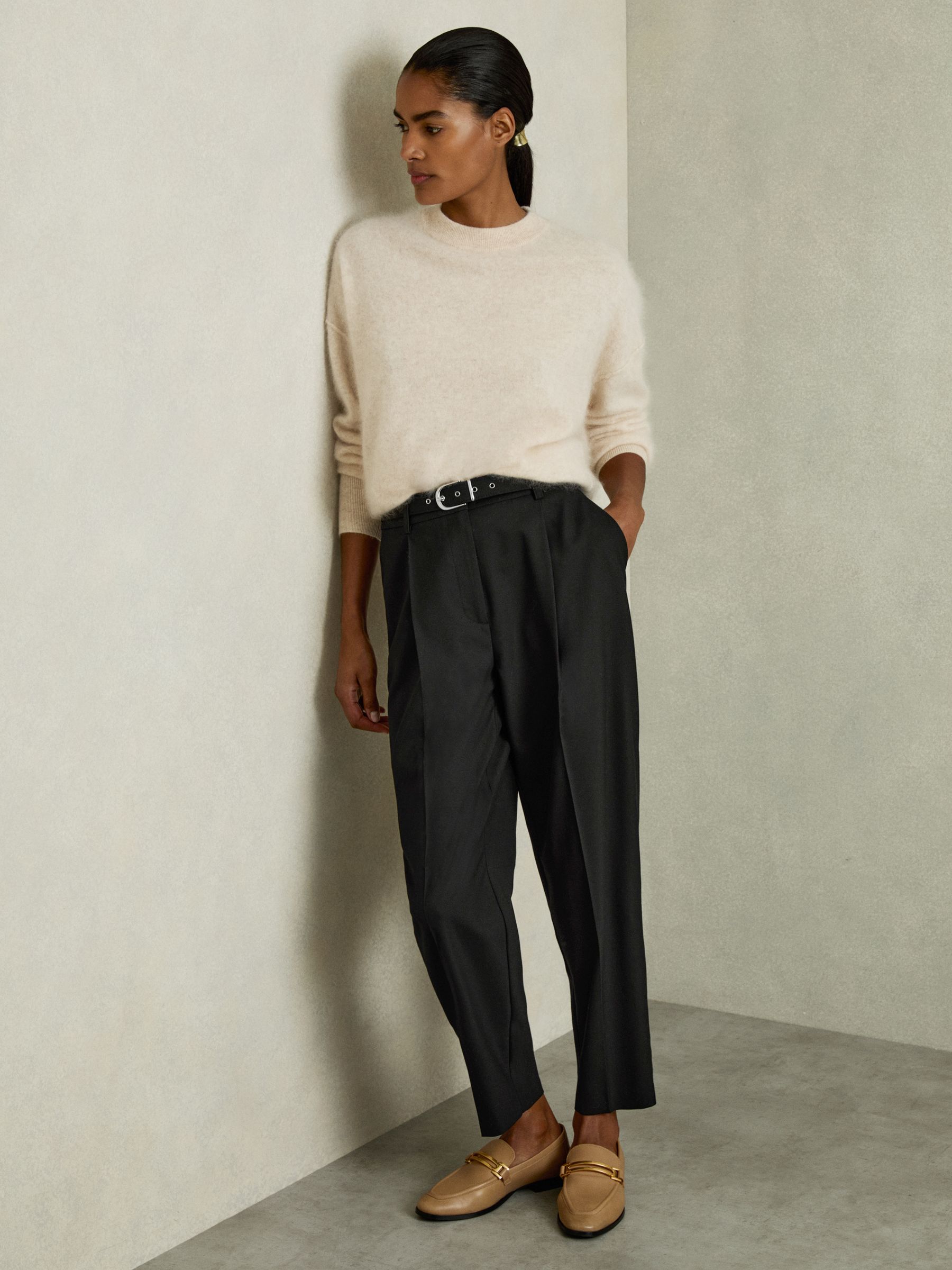 Tapered Belted Trousers in Black