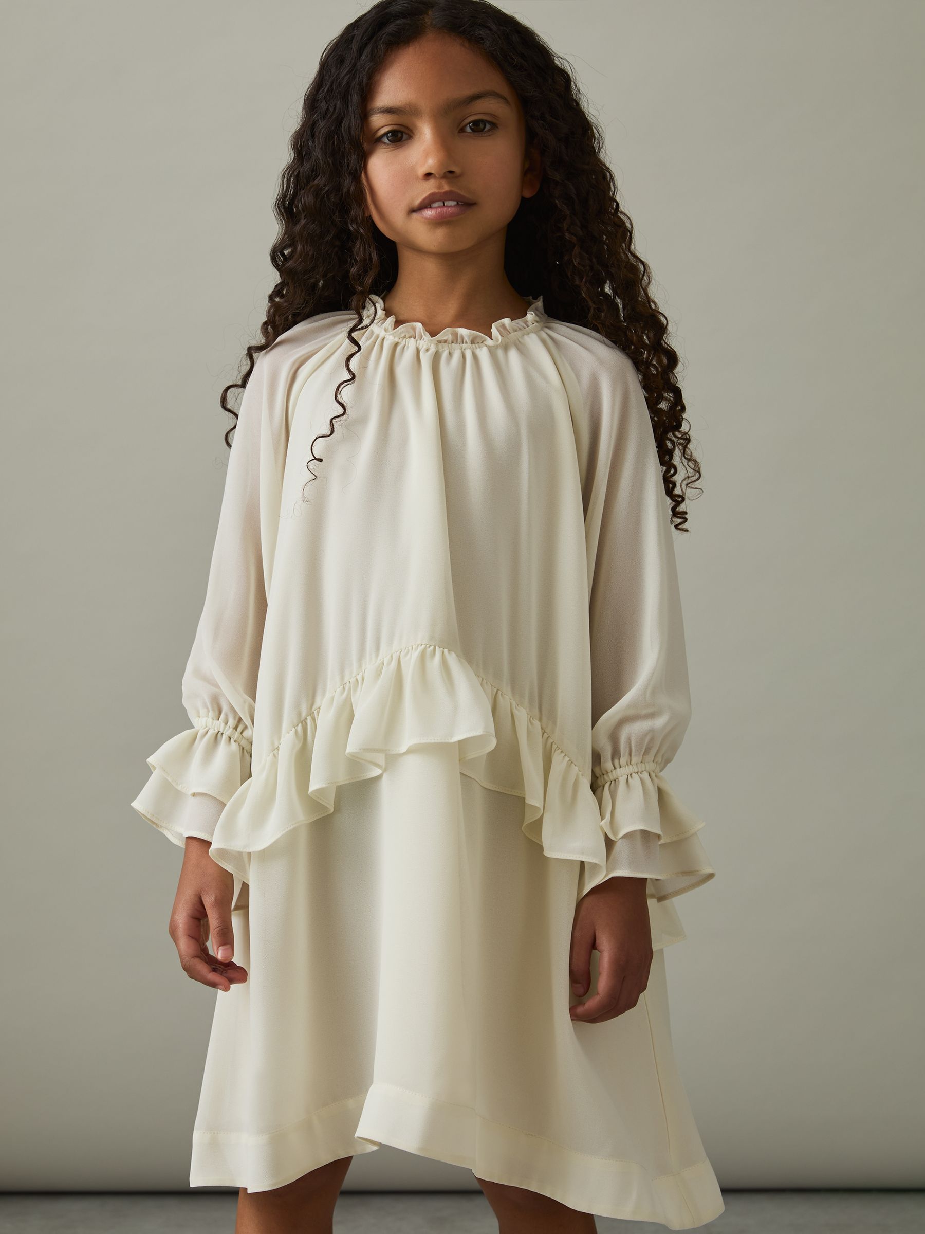 13-14 yrs Chiffon Ruffle-Trim Dress in Ivory