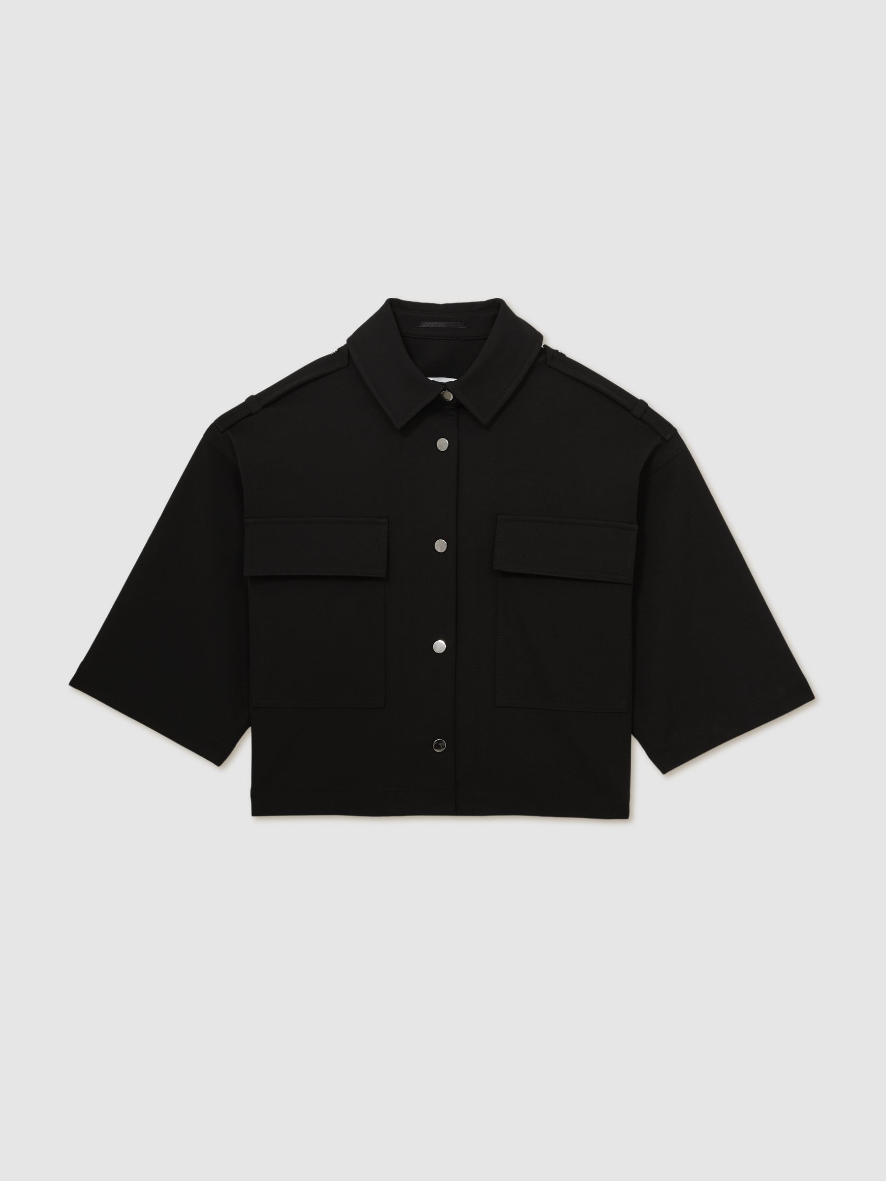 Cropped Twill Shirt Jacket in Black