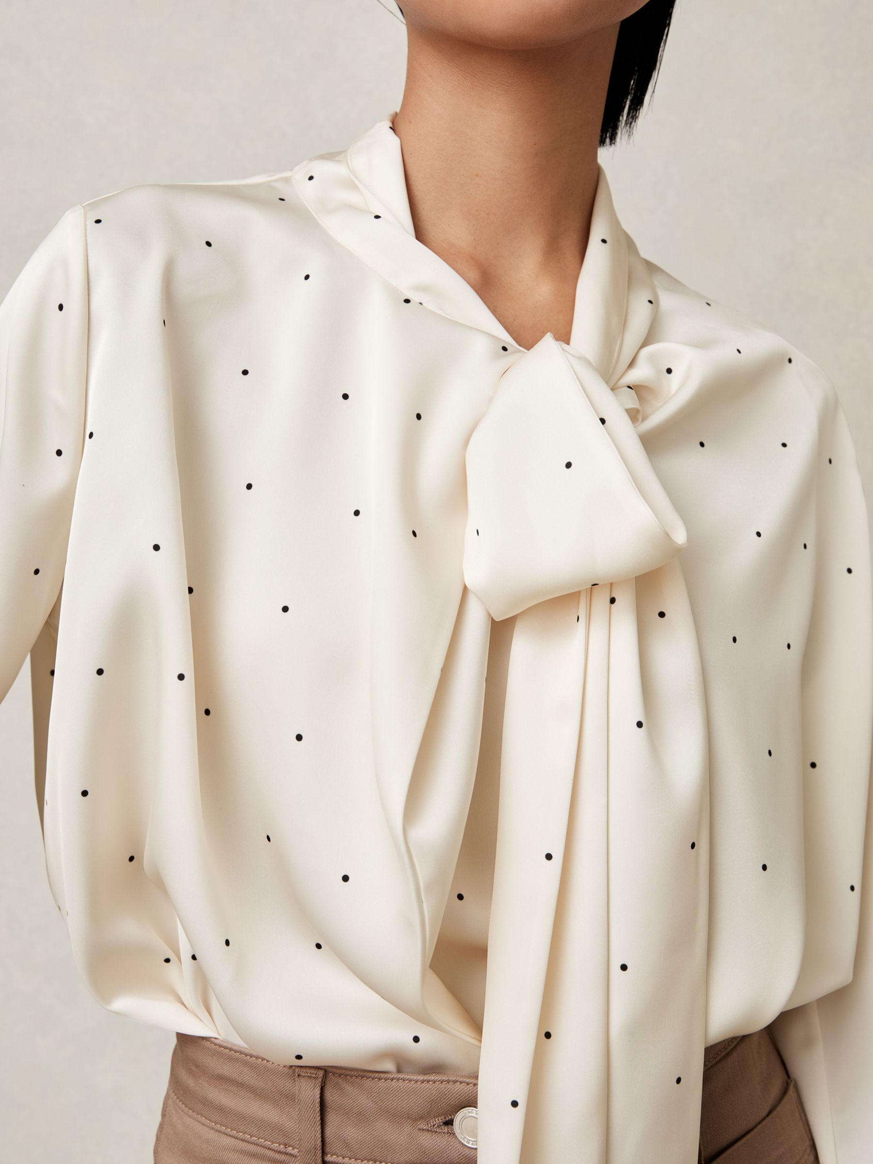 Satin Polka Dot Tie Neck Blouse in Ivory