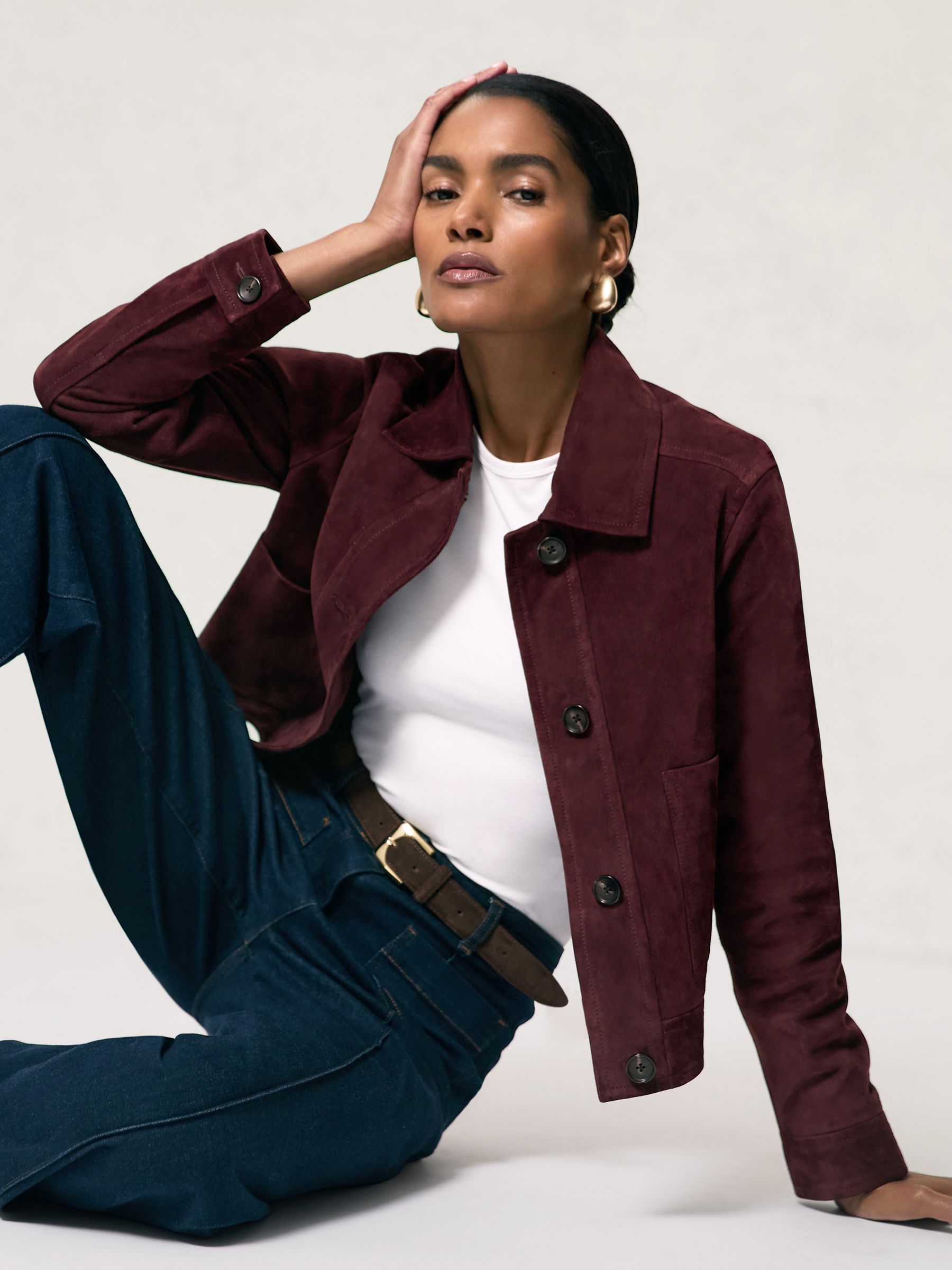 Suede Button-Through Jacket in Burgundy