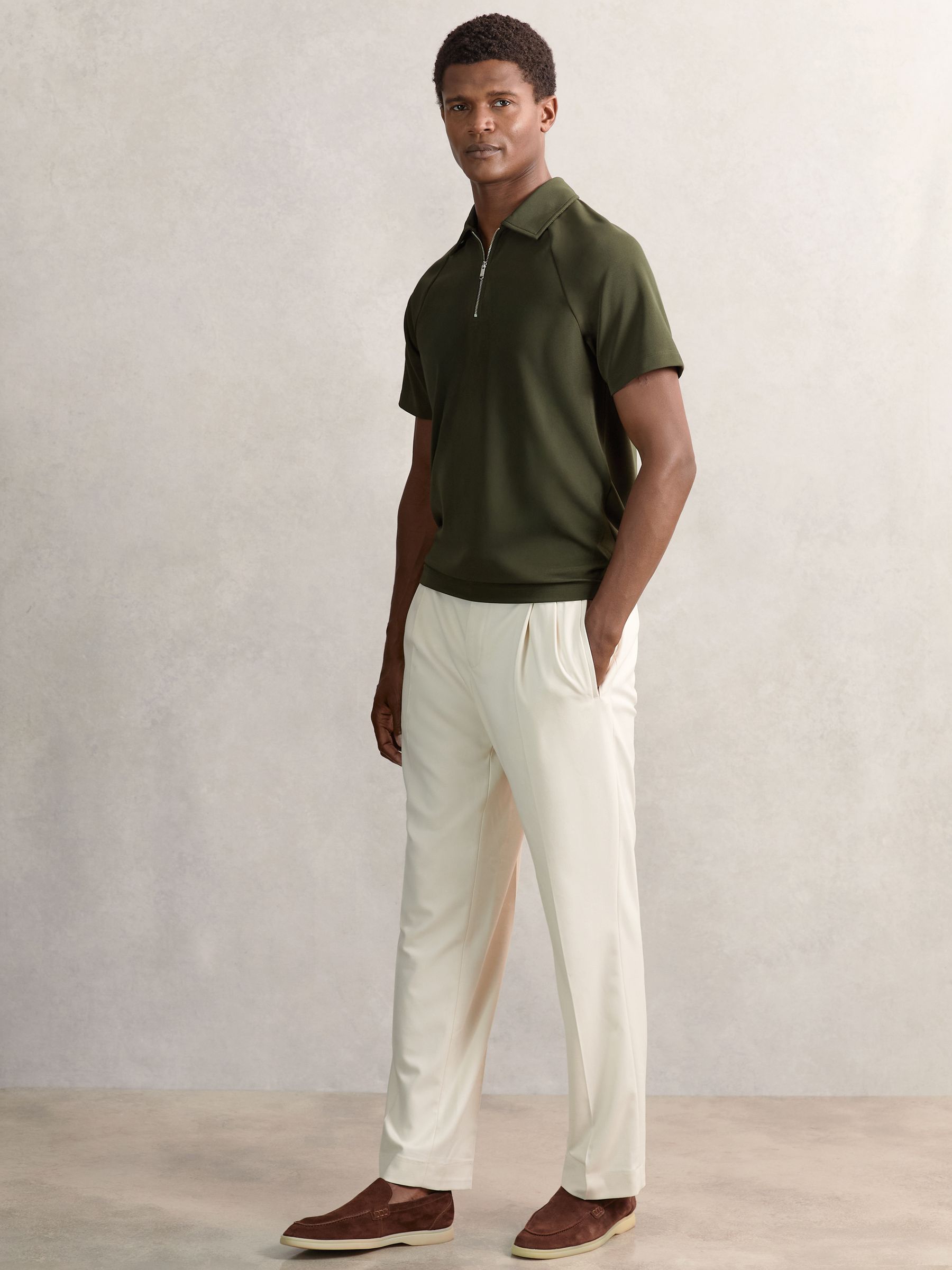 Textured Raglan Half-Zip Polo Shirt in Green