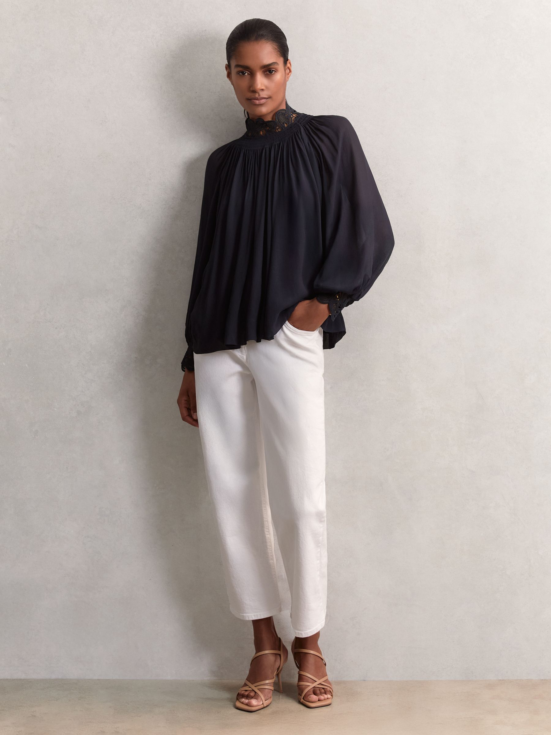 Lace-Trim Draped Chiffon Top in Navy