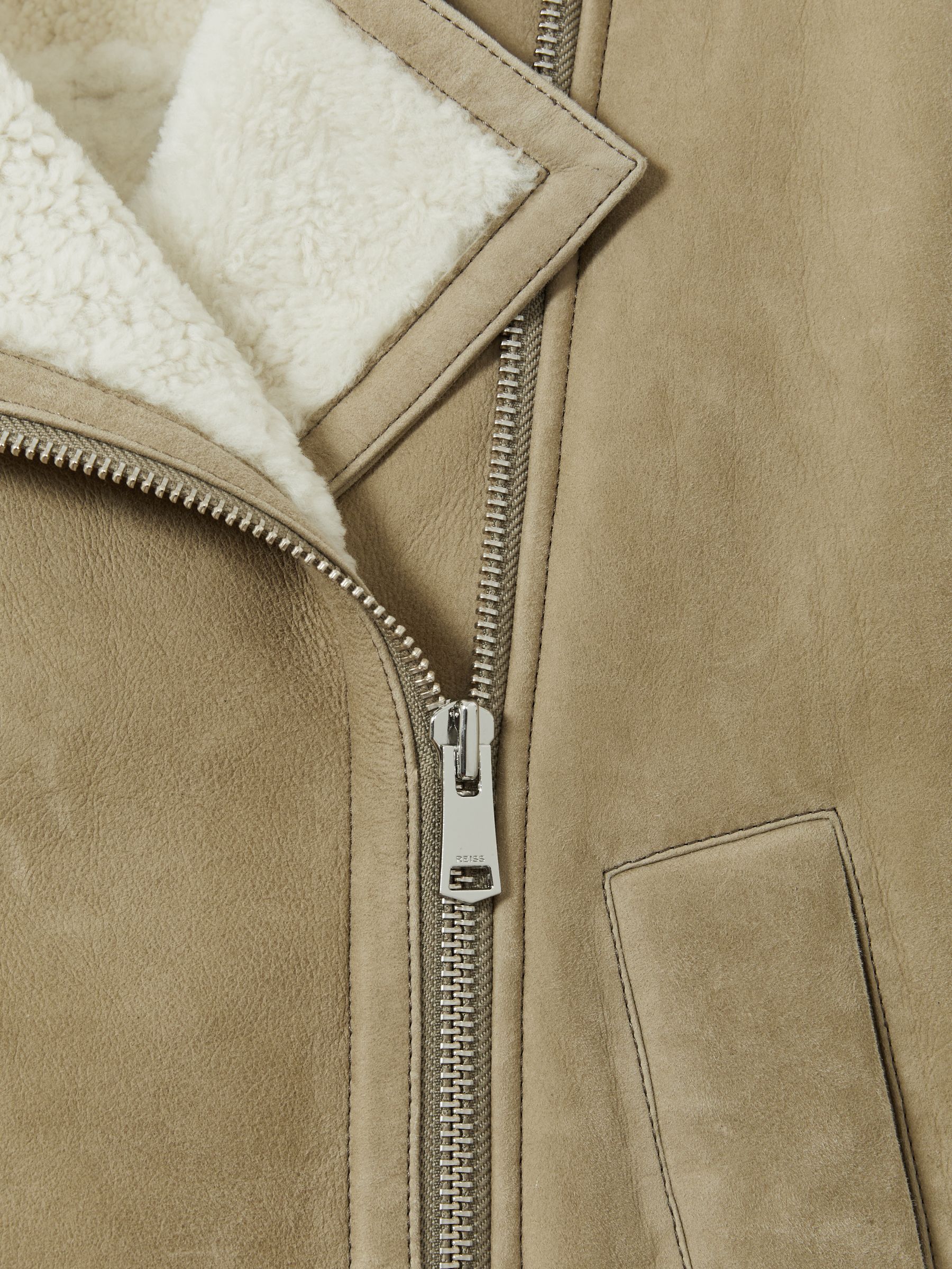Shearling-Lined Leather Aviator Jacket in Light Green