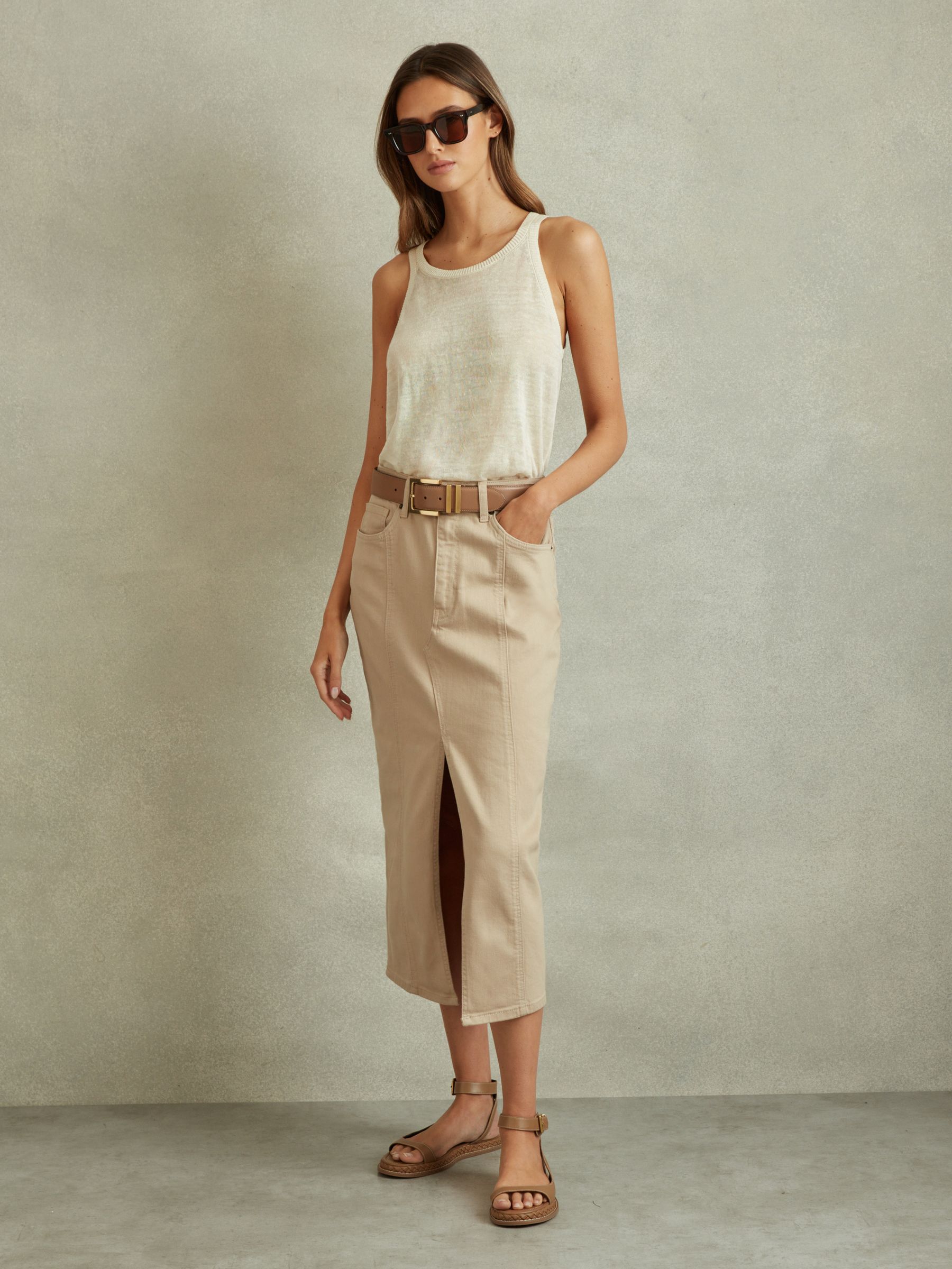 High Rise Denim Midi Skirt in Stone