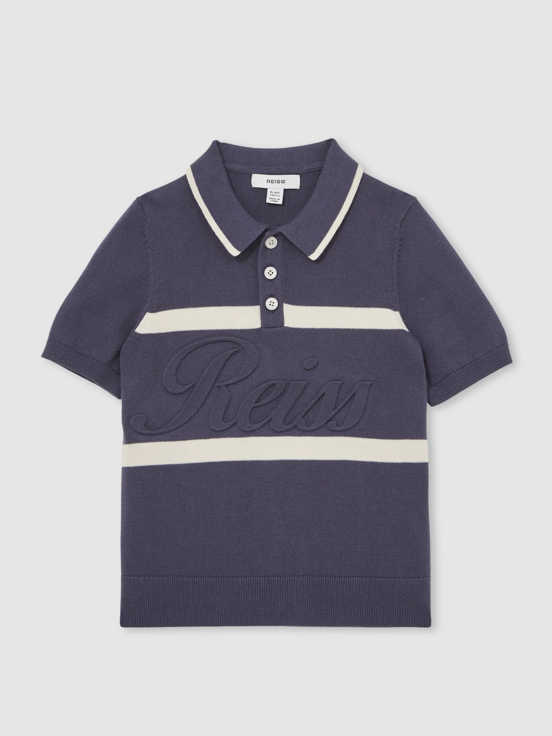 13-14 yrs Cotton Logo-Embossed Knit Polo Shirt in Indigo Blue/White