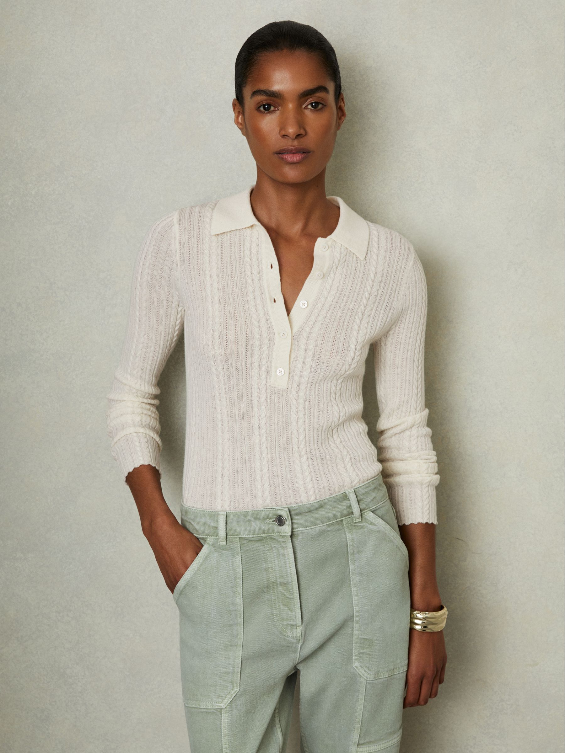 Wool Cable Knit Polo Neck Jumper in Cream