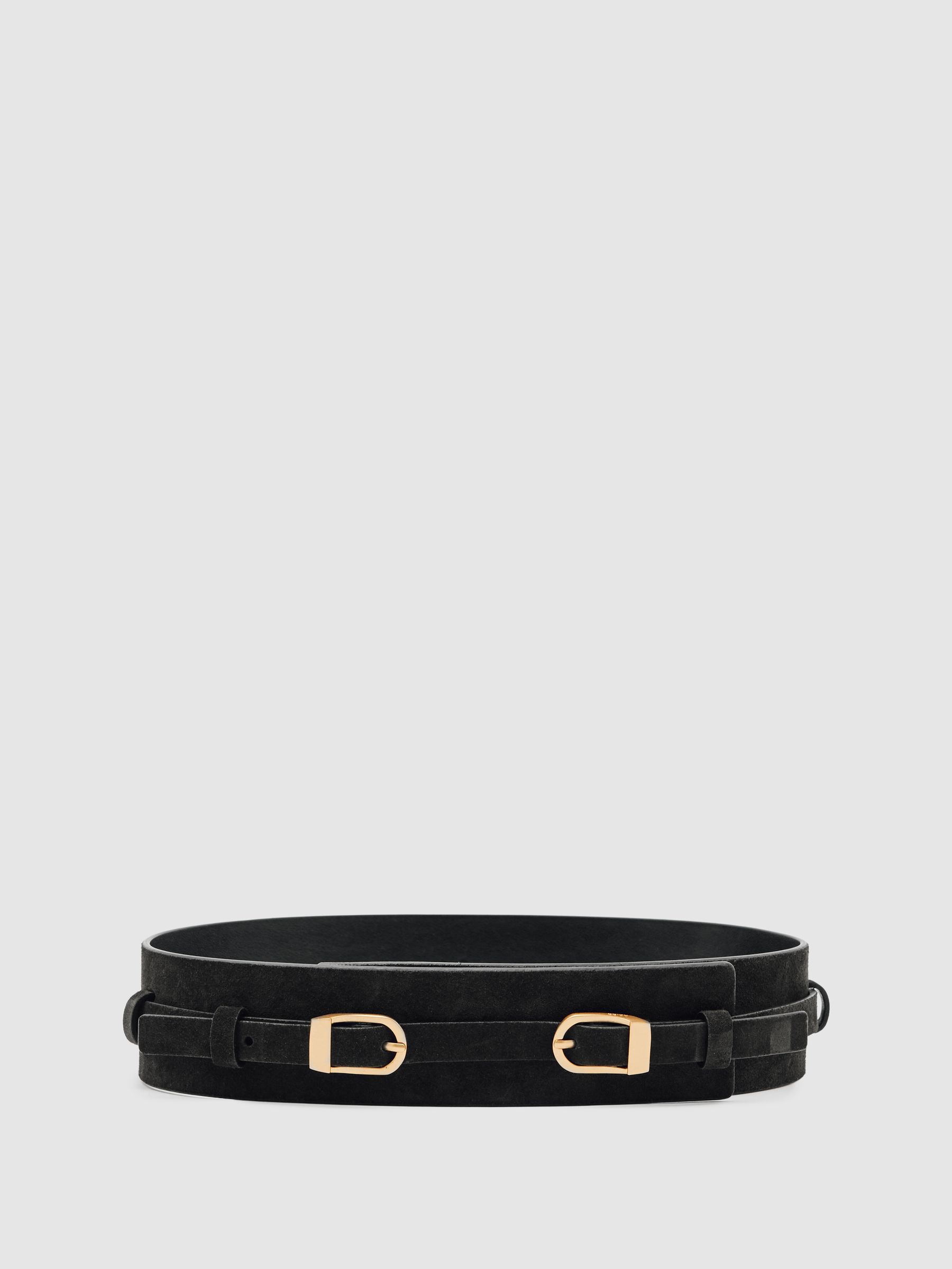 Suede Double-Buckle Waist Belt in Chocolate