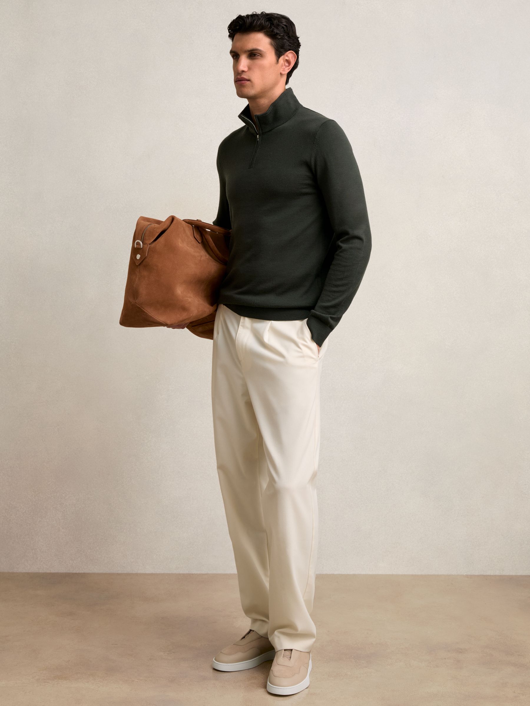 Merino Wool Half-Zip Funnel Neck Jumper in Dark Military Green