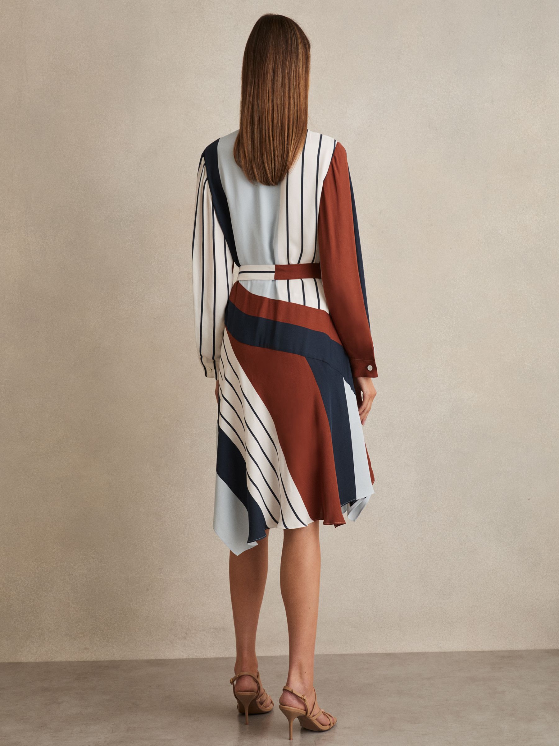 Stripe-Print Wrap Dress in Navy/Brown