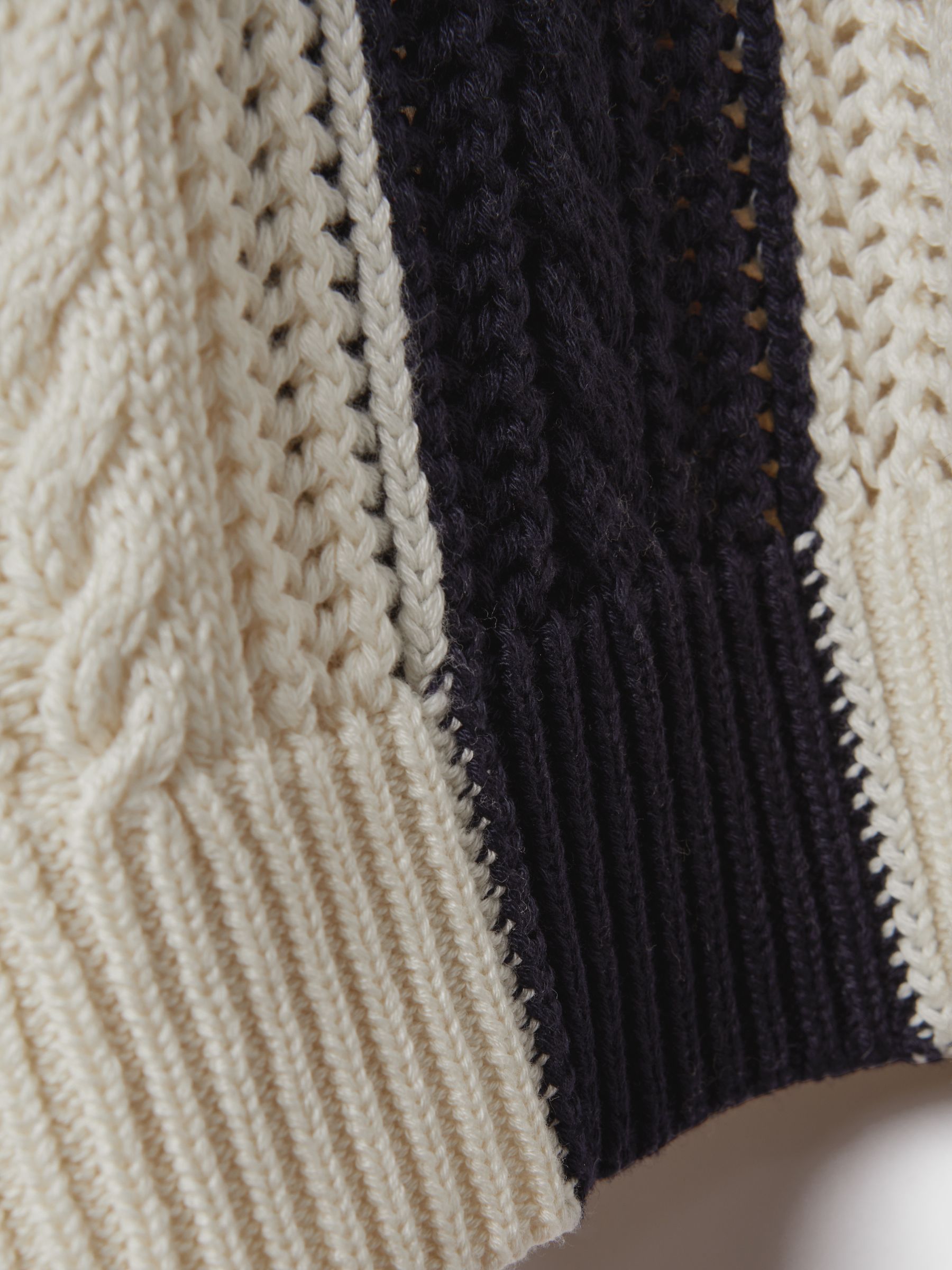 Cotton Blend Open Stitch Crew Neck Jumper in Cream/Navy