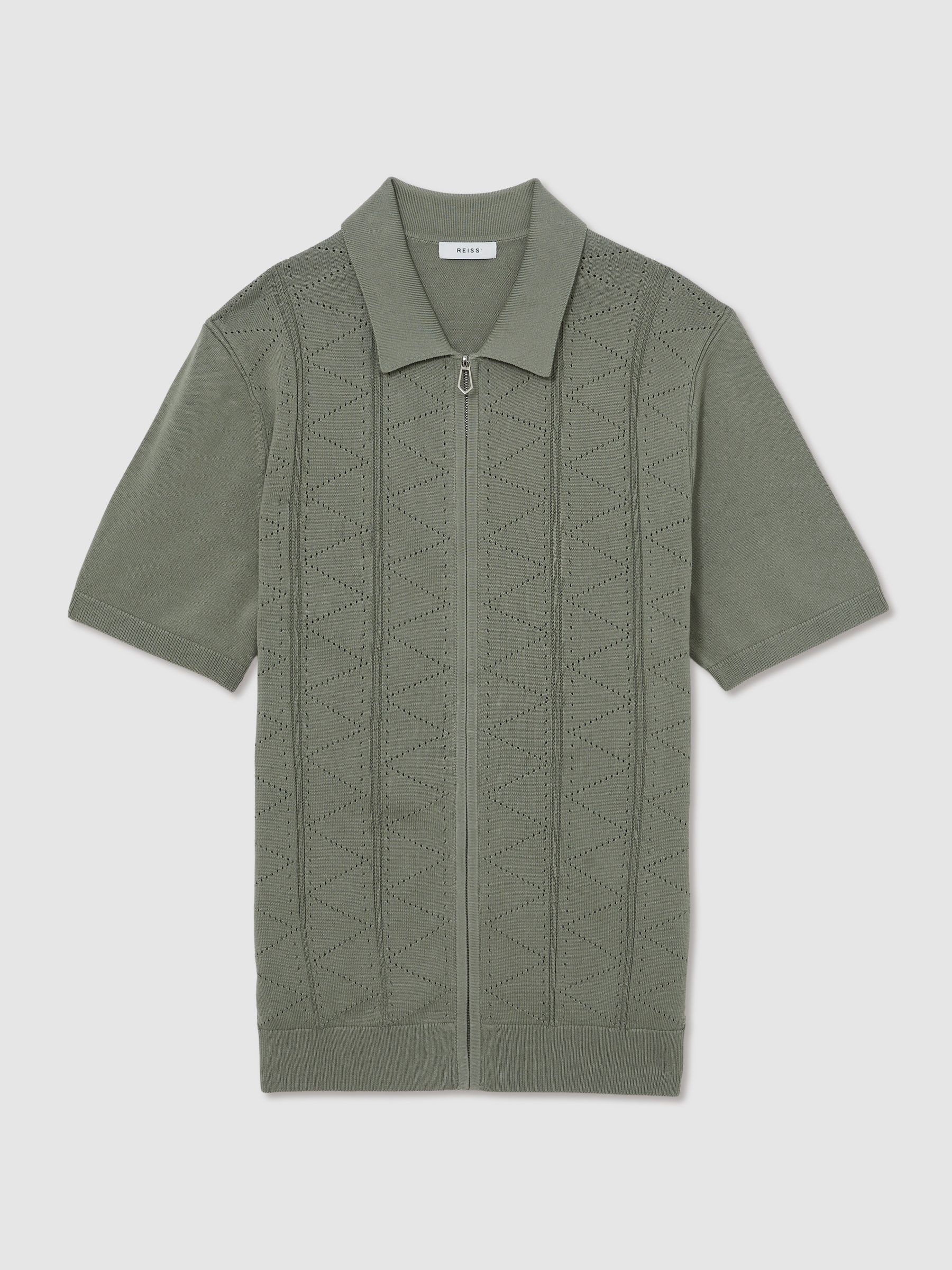Pointelle-Knit Zip-Through Shirt in Sage