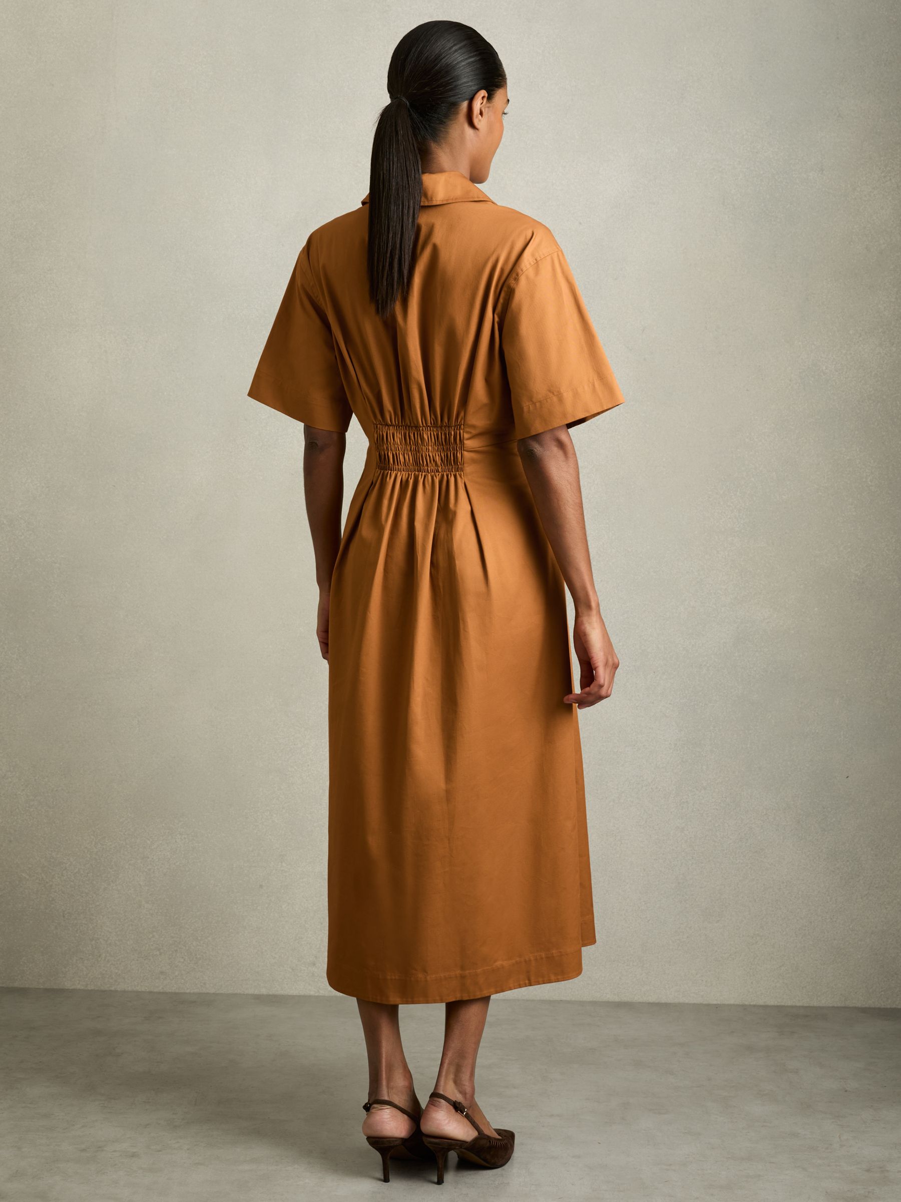 Cotton Pleated-Waist Midi Dress in Rust