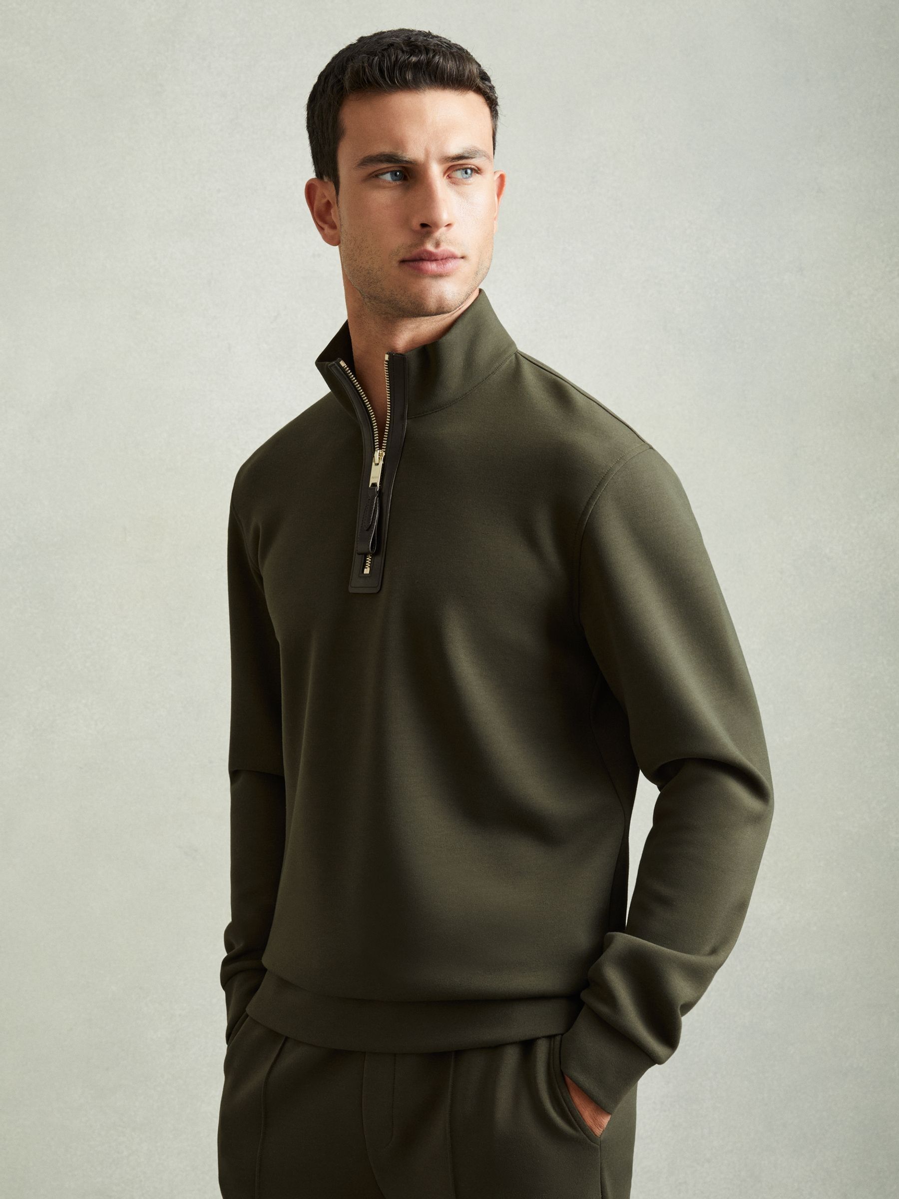 Leather-Placket Interlock-Jersey Sweatshirt in Forest Green