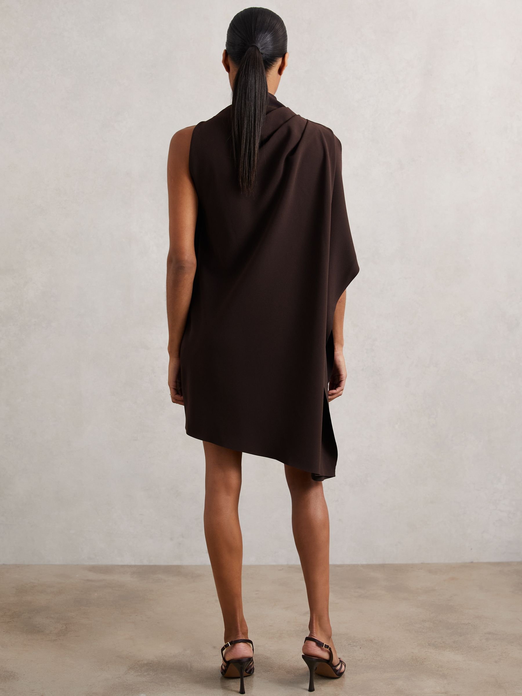One-Shoulder Draped Mini Dress in Chocolate Brown