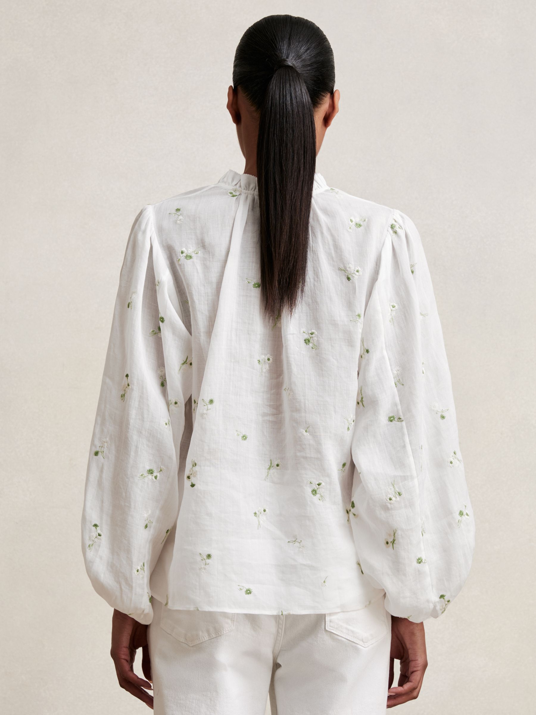 Floral-Embroidered Tie-Neck Blouse Ramie-Lyocell in Ivory