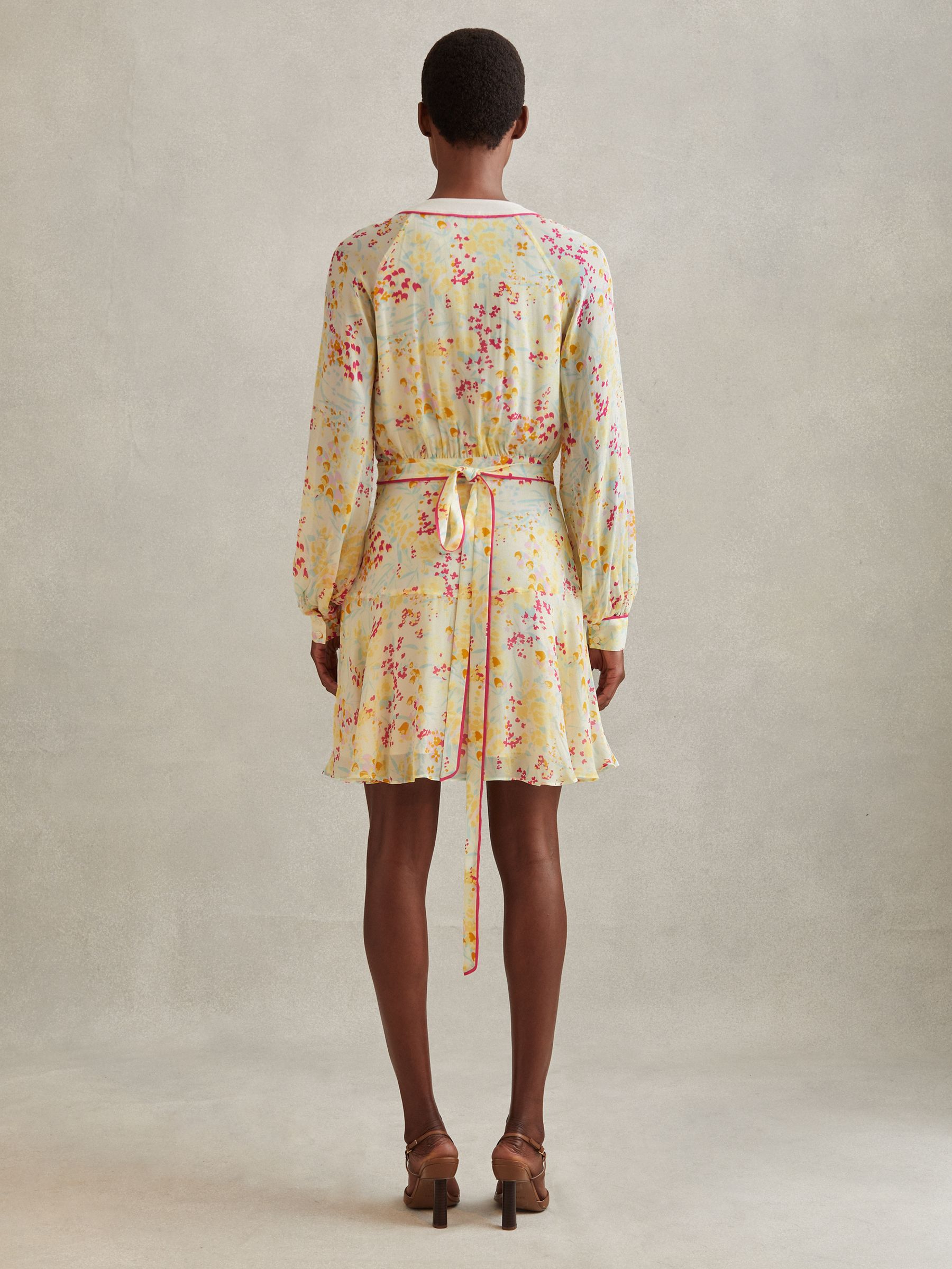 Floral Print Puff Sleeve Mini Dress in Pink/Yellow