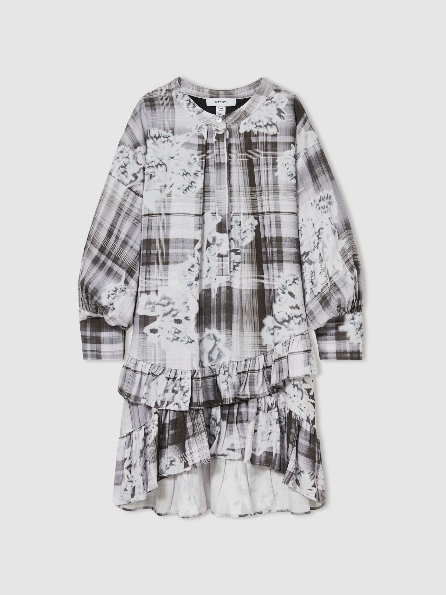 4-9 yrs Floral-Check Tiered-Frill Dress in Grey