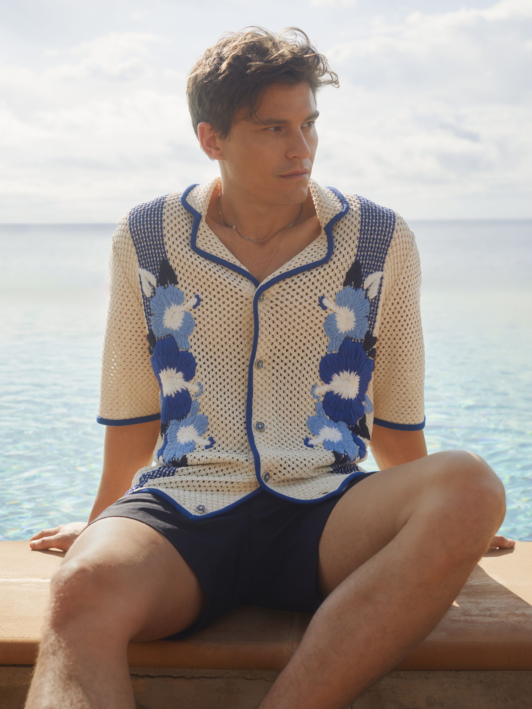 Love Ecru/Blue Ché Open-Stitch Jacquard Cuban Collar Shirt