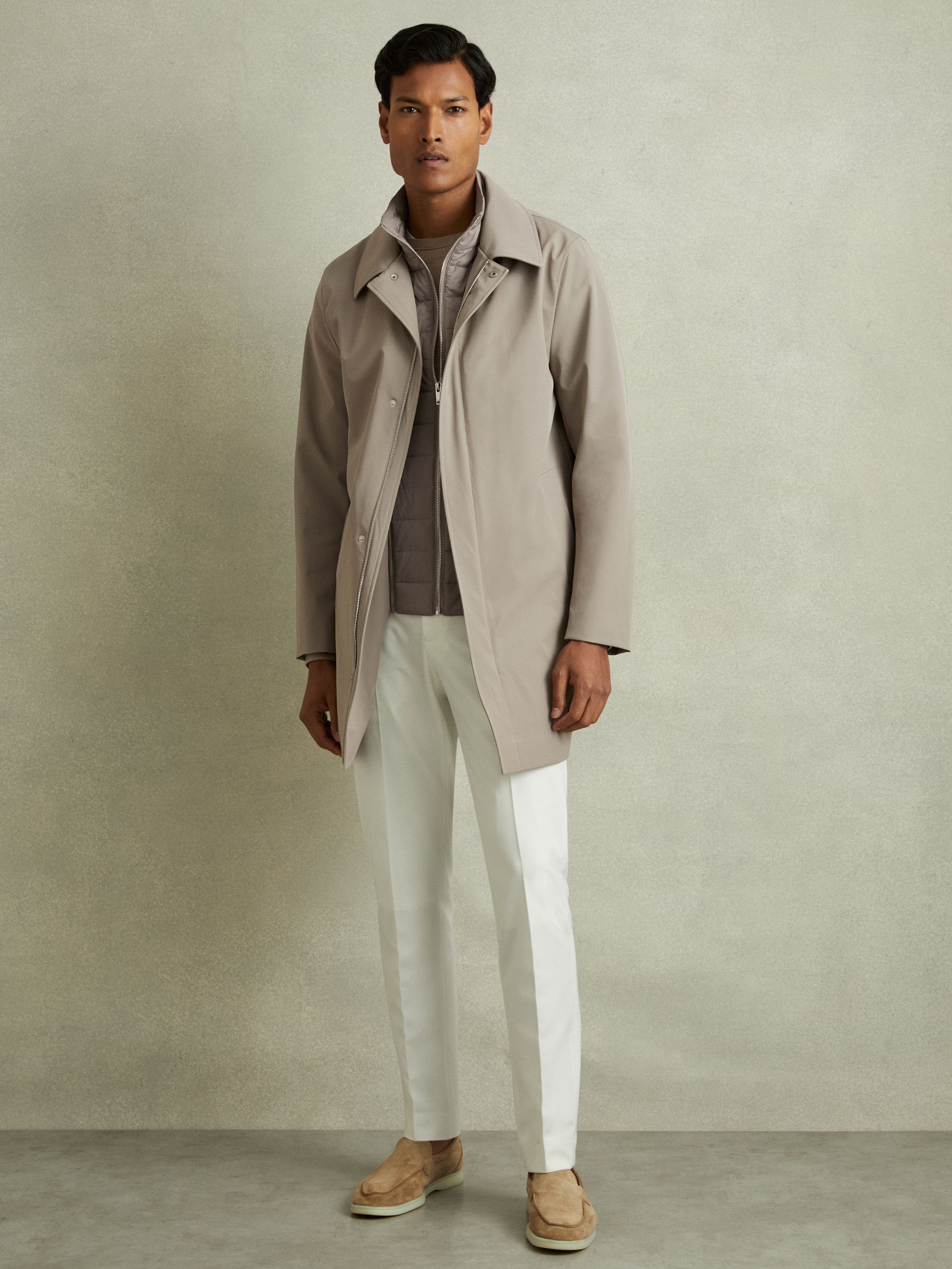 Hybrid Removable Funnel Neck Overcoat in Taupe