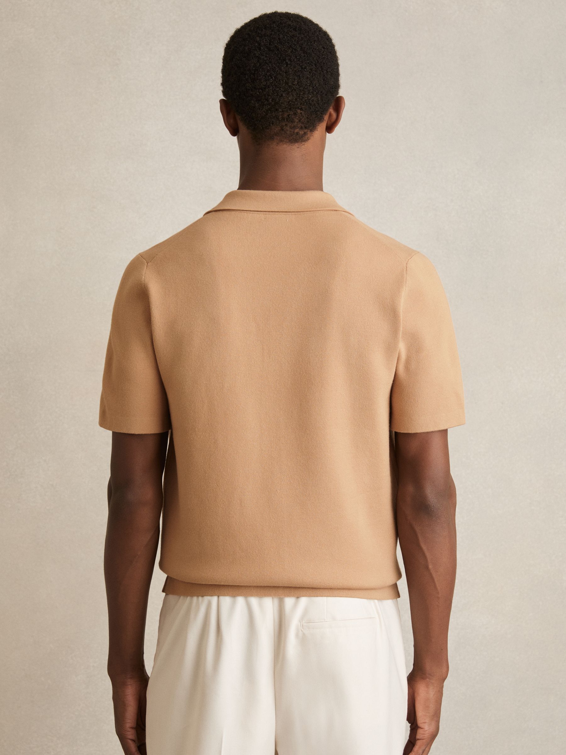 Geometric Cuban-Collar Knit Shirt in Camel/Off White