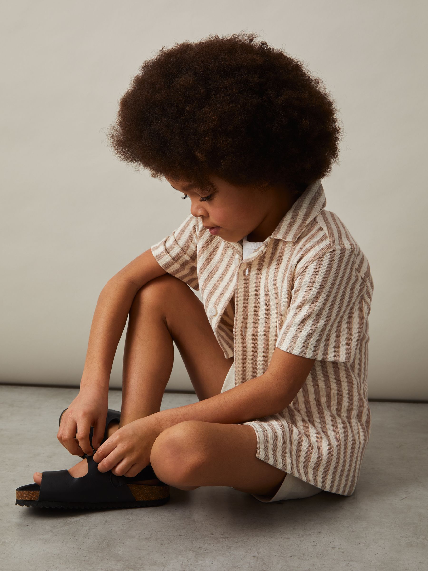 3-9 yrs Textured Stripe Cuban-Collar Shirt in Stone/White