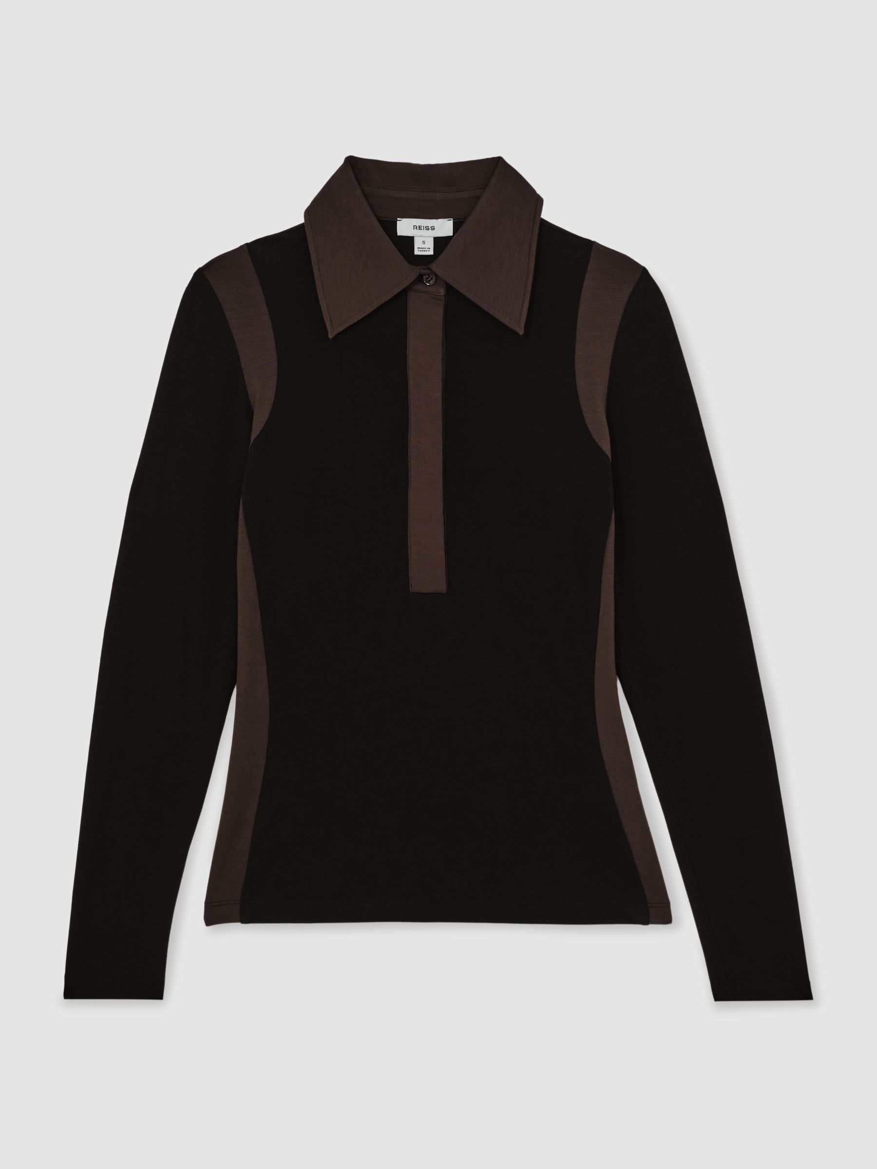 Jersey Colour-Block Collared Shirt in Black/Chocolate Brown