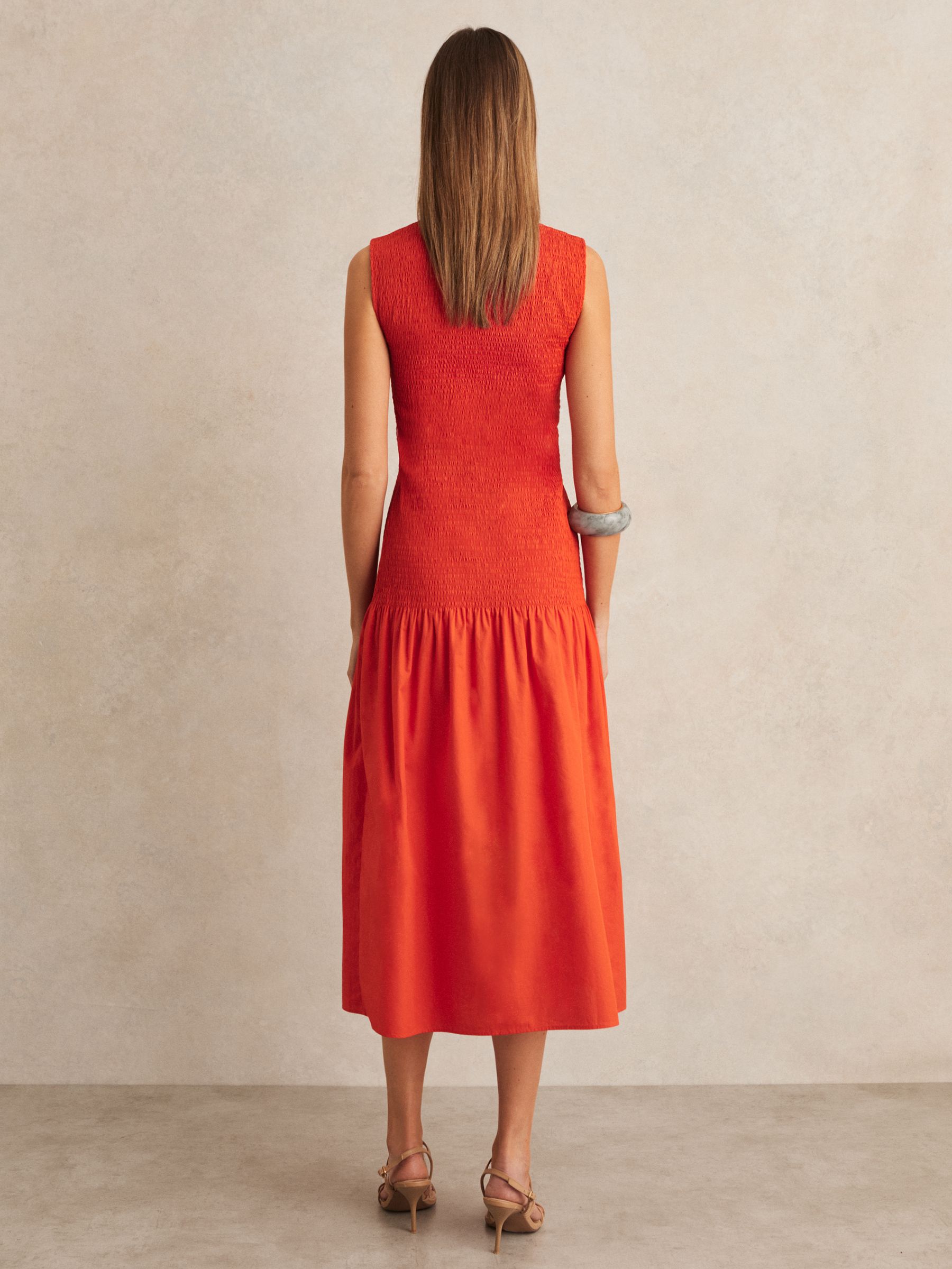 Cotton Shirred Midi Dress in Red