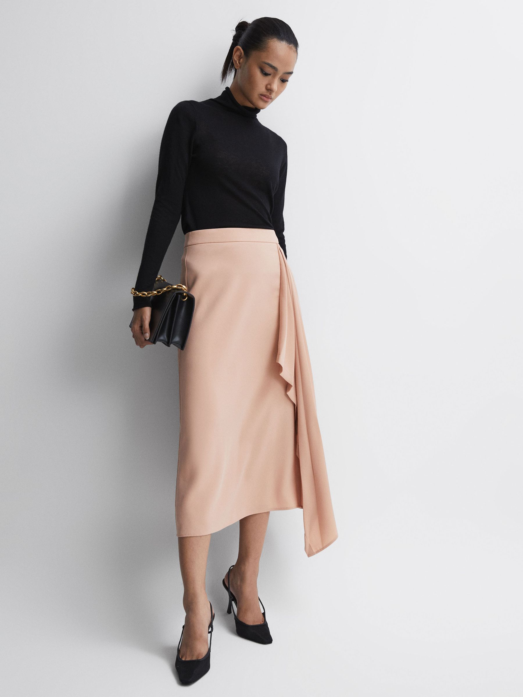 High Rise Ruffle Midi Skirt in Camel
