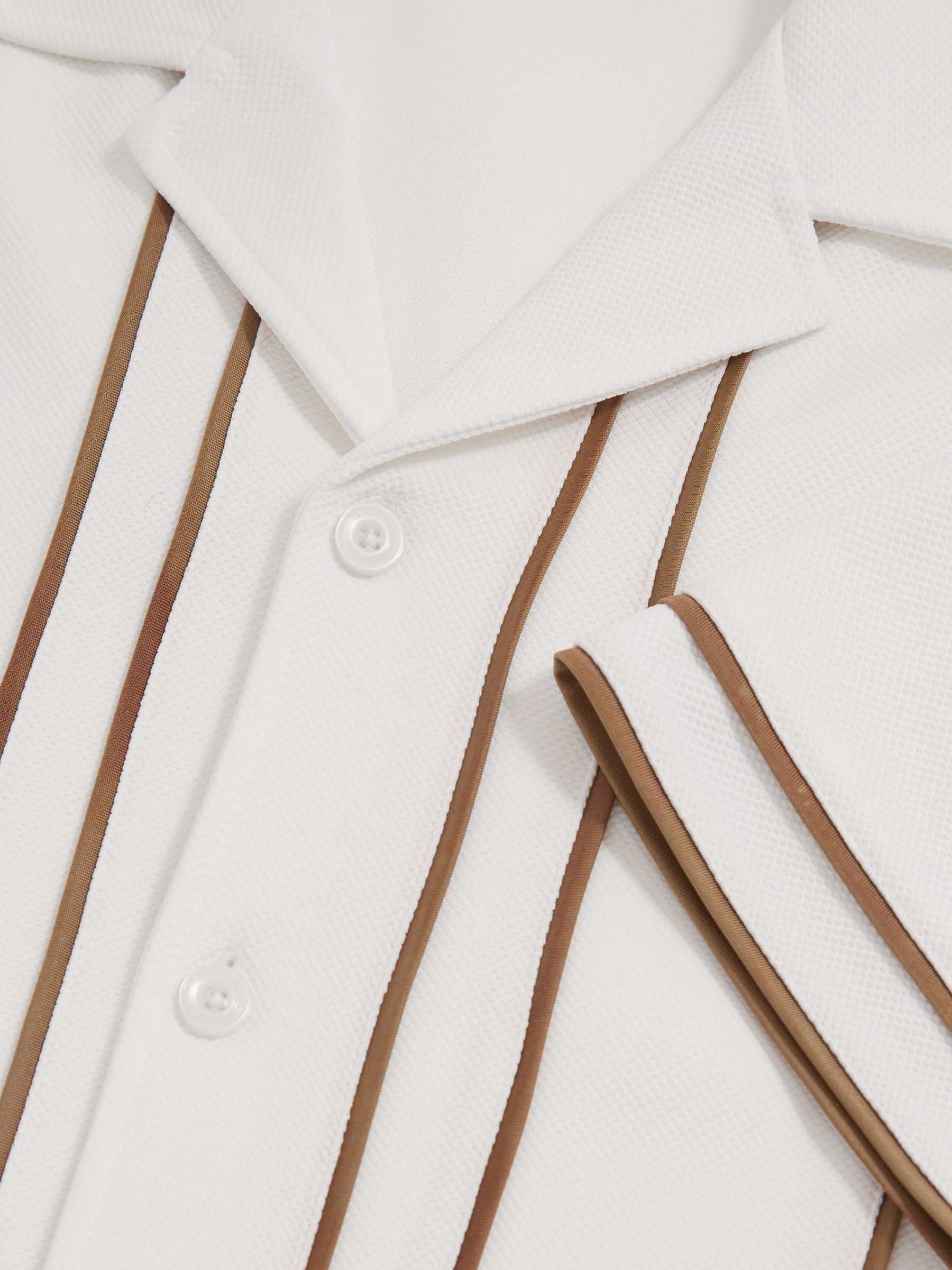 Piped-Stripe Cuban-Collar Shirt in White/Camel